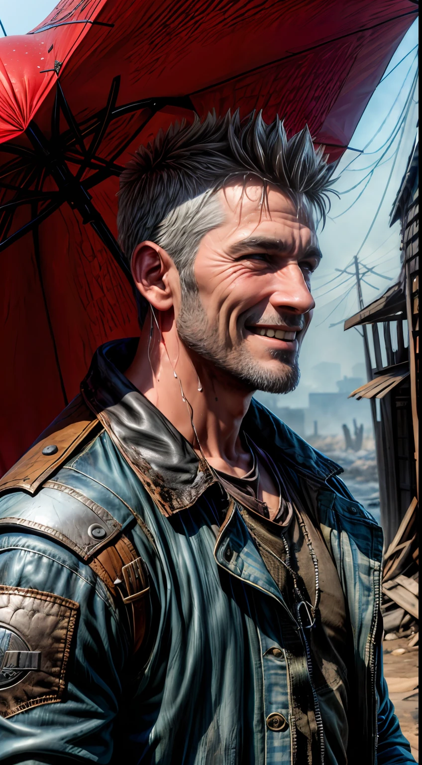 (((It's raining heavily, Clothes are wet, raindrops on the face, holding an umbrella))), A Punk from the Wasteland stands in the middle of the Wasteland (((portraite of a, a closeup of a, Smiling))), engulfed in swirling dust storms. The camera zooms in on a man, capturing the intensity in his eyes, when he looks into the distance. The details of his weathered clothes and makeshift armor become clearer with each zoom, Patchwork quilt made of materials, sewn together. When the zoom reaches its peak, The focus shifts to his hands, who hold disposed weapons in their hands, demonstration of the character's resourcefulness and survival skills. The hint is implemented in the style of 3D sculpture, Using a combination of modeling and texturing techniques to bring the character and environment to life.