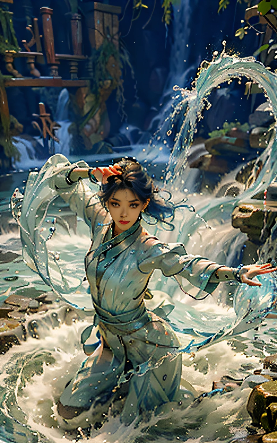 Best Quality, Masterpiece, Ultra High Resolution, (Realistic: 1.4) 1 Girl, beautiful_face, Detailed Skin, Full Body, Water Mage, entwined water magic, manipulate water, water splash, Transparent, Jewelry, Solo, Earrings, (Water: 1.3), Blur, Realistic, Lips,