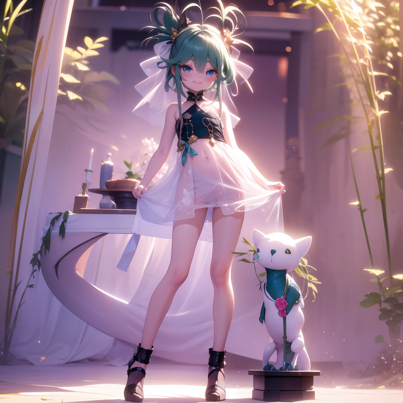 Little girl, stand , holding fan, In place dragon Statue, little smile expression, wearing a swimming short dress, heels, Beautiful eyes, perfect face, full body, masterpiece