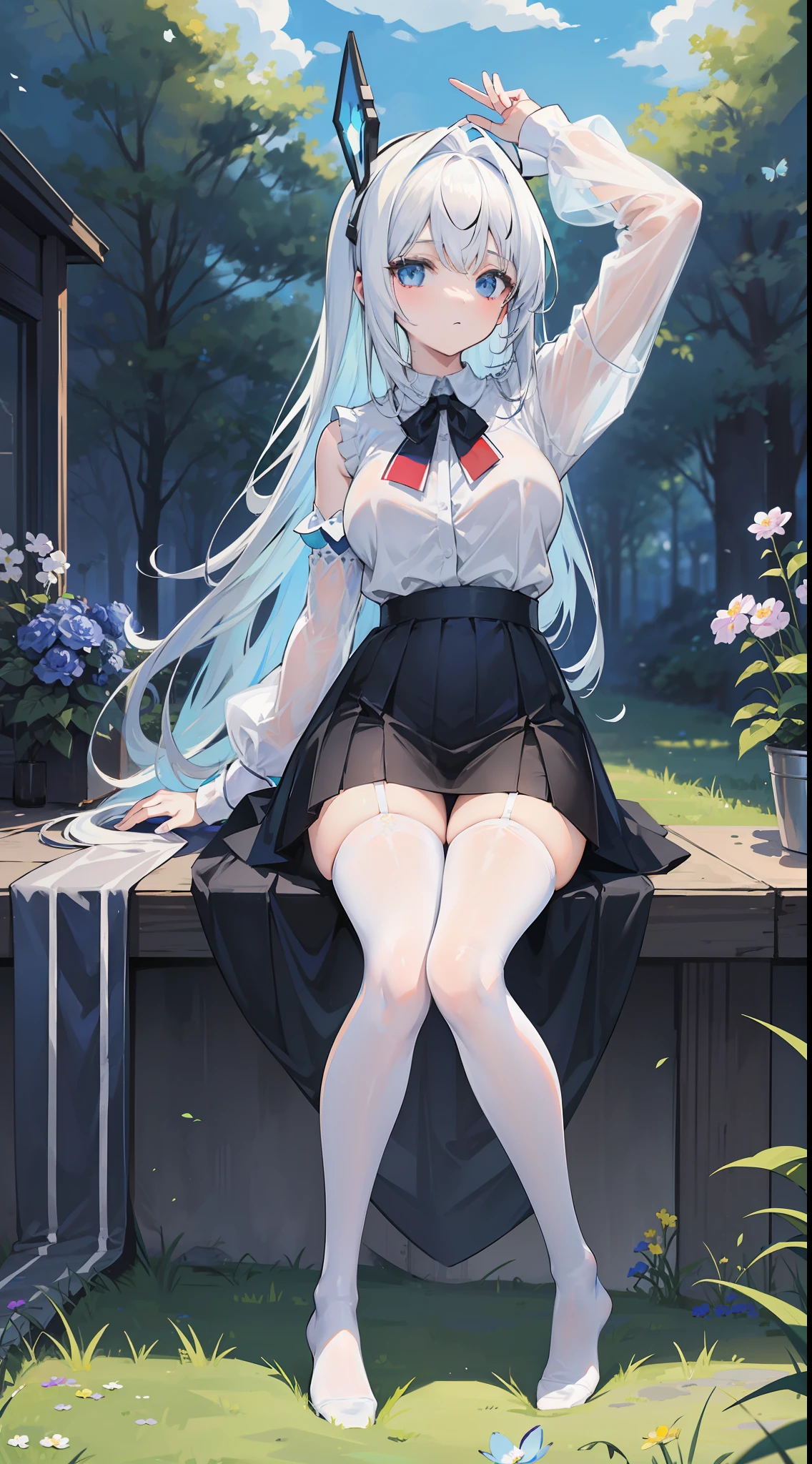 Masterpiece（（tmasterpiece）），（white short blouse），（（black micro skirt）），（（Black transparent stockings）），（No shoes on），adolable，Raised sexy，is shy，（Long blue）Hair，Red tie，（head gear），（being in the grassland），There are flowers and plants around