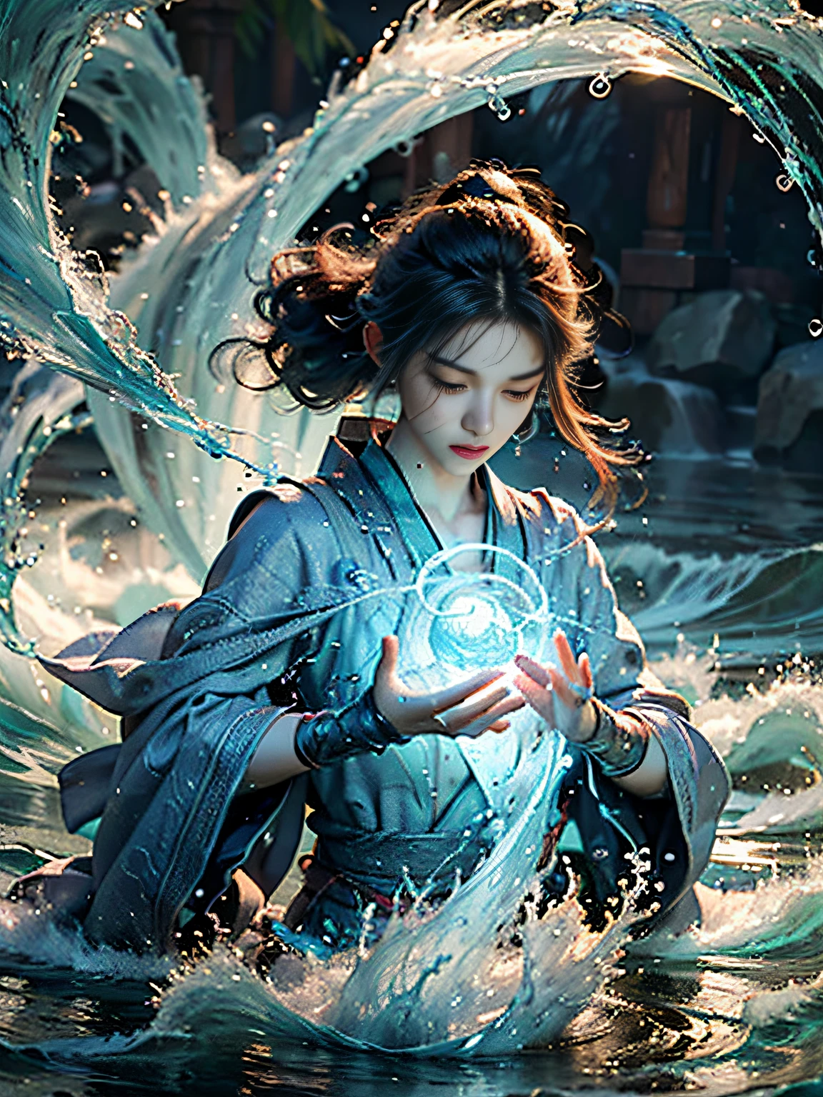 ((best quality)), ((masterpiece)), (detailed), (realistic), (official art), (extremely detailed CG unity 8k wallpaper), (water magic:1.2), (manipulating water:1.1), (elemental control:1.2), (graceful movements:1.1), (aquatic beauty:1.2), (mystical powers:1.2), (serene expression:1.1), (flowing tides:1.2), (sparkling droplets:1.2), (enchanted aura:1.1), (magical incantation:1.2), (rippling waves:1.2), (splendid water formations:1.1), (emerging from a water vortex:1.2), (resonating with nature:1.2), (commanding the elements:1.2), (translucent veil:1.1), (wisdom and power:1.2), (whirlpool of enchantment:1.2), (glowing water glyphs:1.1), (harmony with the sea:1.2), (mysterious origins:1.2), (harmonious balance:1.1), (serene strength:1.2), (spellbinding spectacle:1.2), (immersing in liquid magic:1.1), (embracing her destiny:1.2)