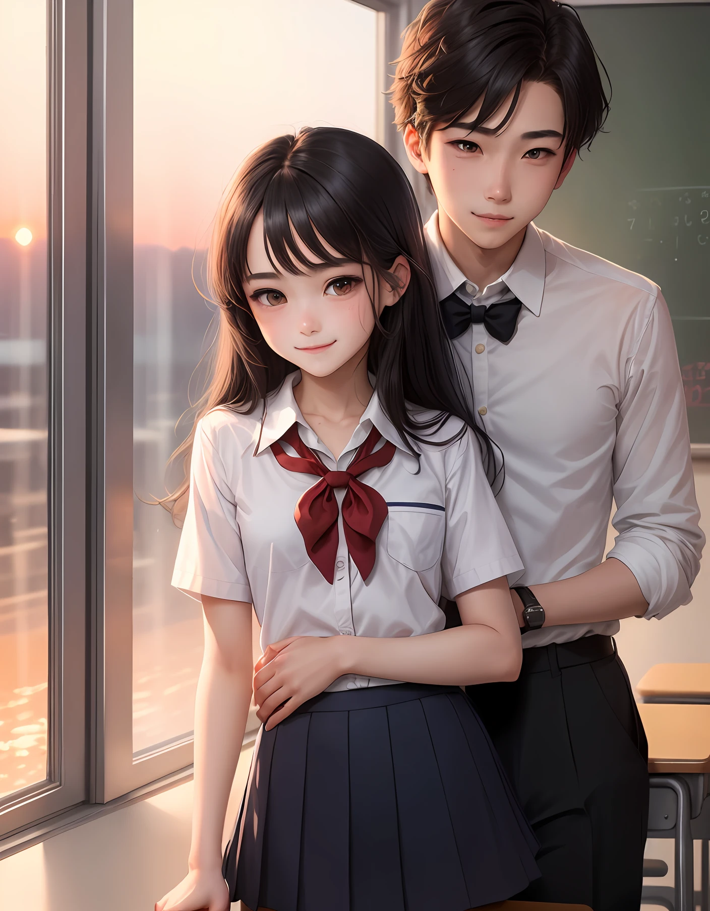 Masterpiece, best quality, (1 faceless boy: 1.3), (boy chest scratch: 1.1), 1 girl. (School uniform: 1.2), long black hair, brown eyes, (classroom: 0.8), (sunset: 0.7), (small breasts: 1.4), (sad smile: 0.8)