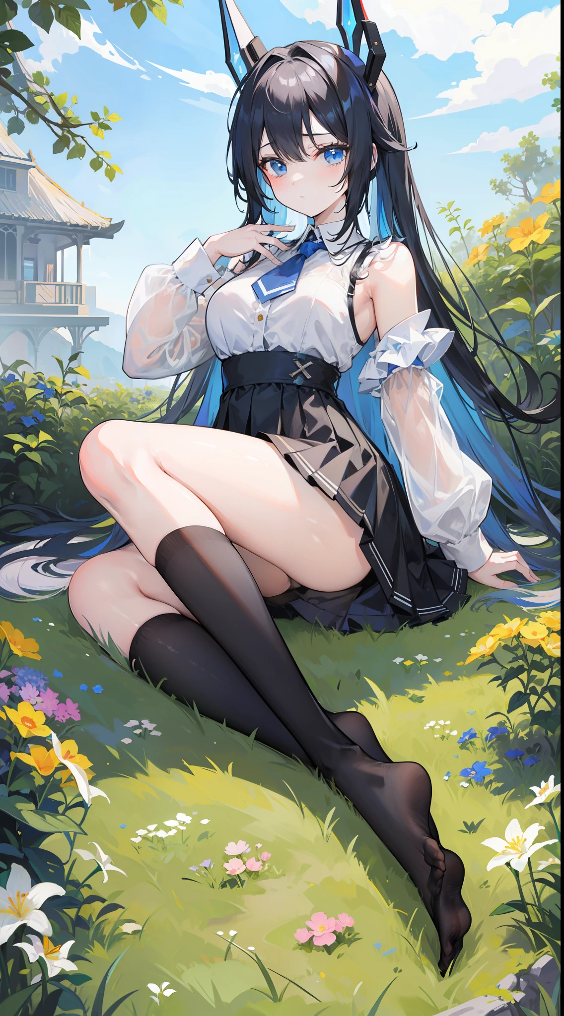 Masterpiece（（tmasterpiece）），（white short blouse），（（black micro skirt）），（（Black transparent stockings）），（No shoes on），adolable，Raised sexy，is shy，（Long blue）Hair，Red tie，（head gear），（being in the grassland），There are flowers and plants around
