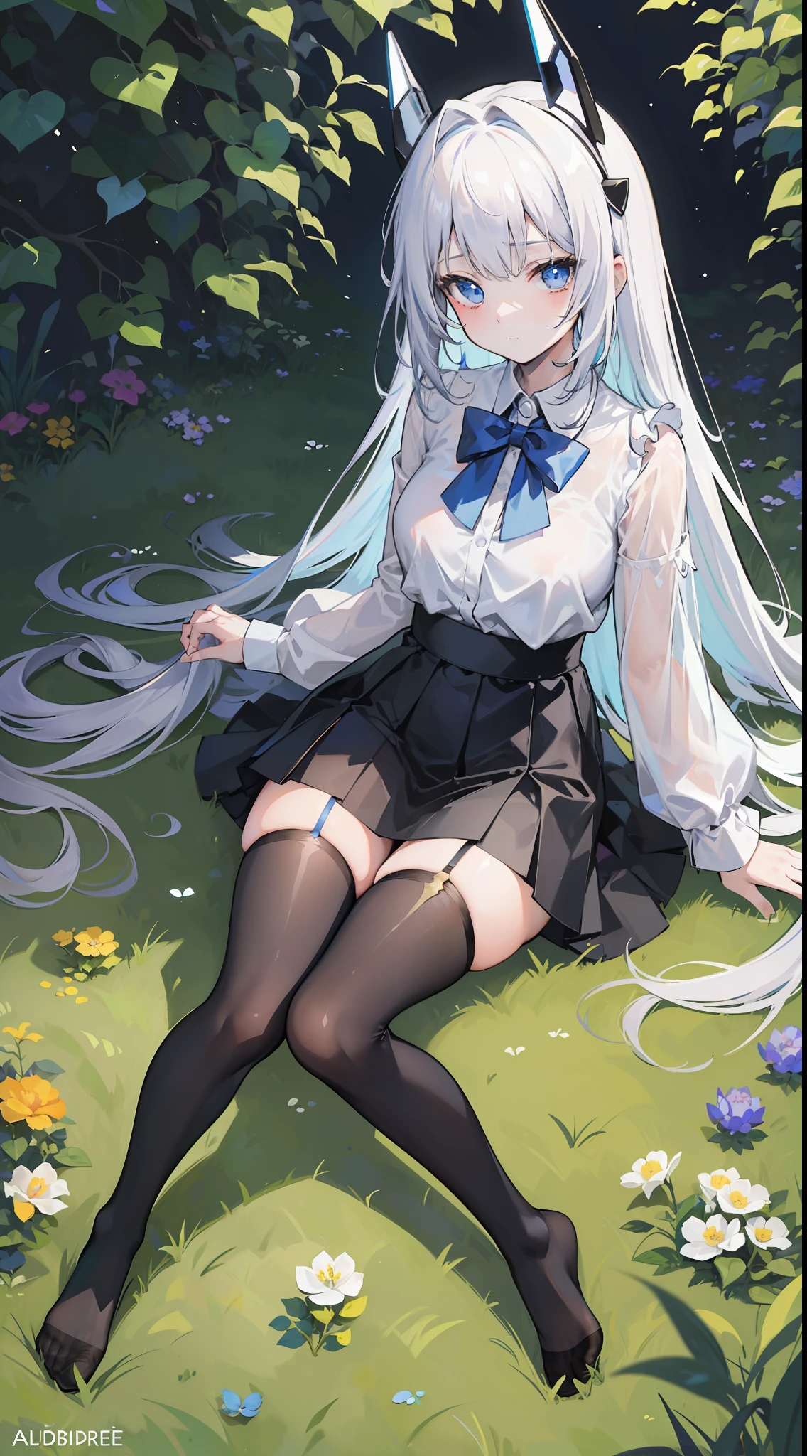 Masterpiece((tmasterpiece)),(white short blouse),((black micro skirt)),((Black transparent stockings)),(No shoes on),adolable,Raised sexy,is shy,(Long blue)Hair,Red tie,(head gear),(being in the grassland),There are flowers and plants around