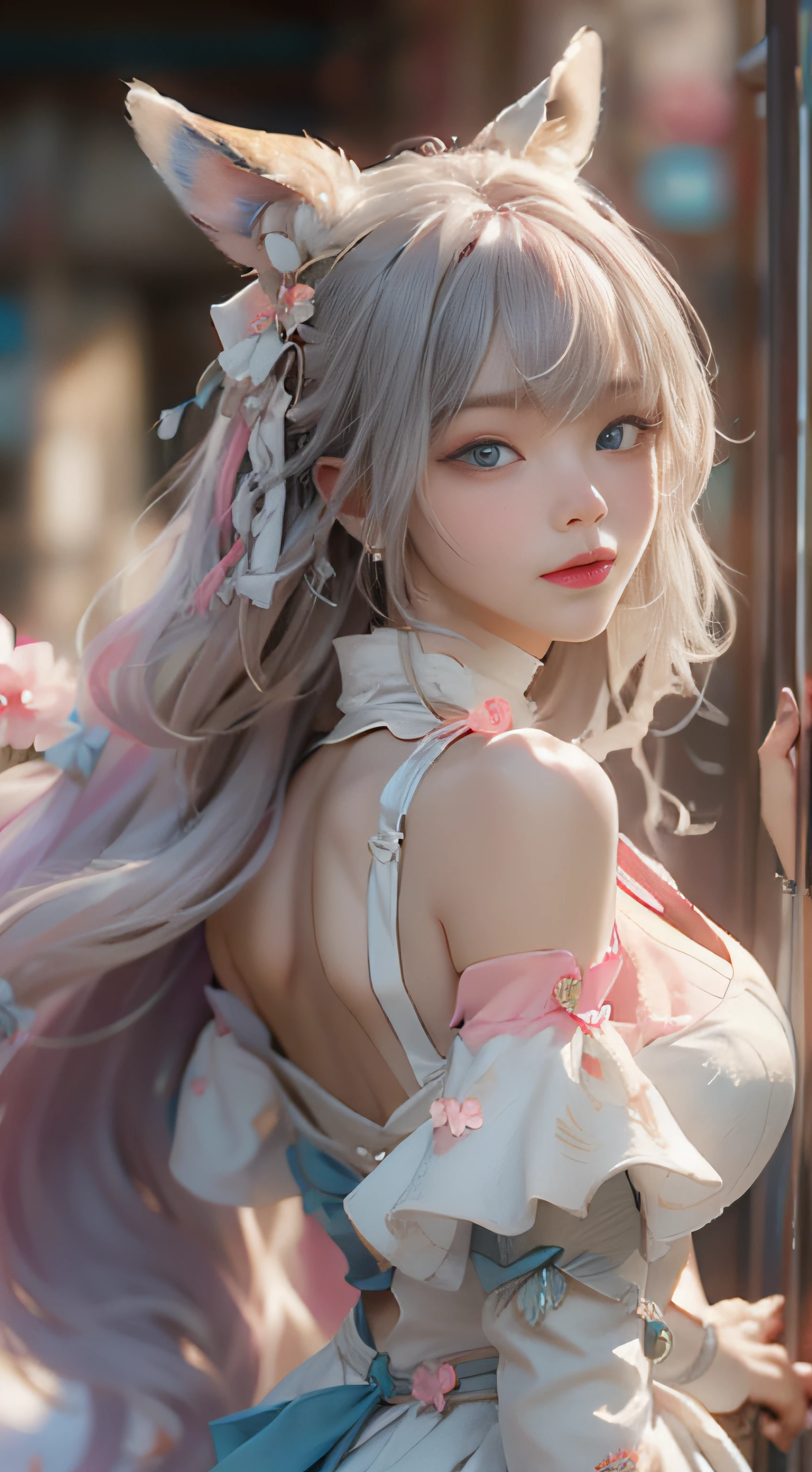 （（best qualtiy））， （（tmasterpiece））， （detail：1.4）， Beautiful cyberpunk female images，hdr（HighDynamicRange），Ray traching，NVIDIA RTX，Hyper-Resolution，illusory 5，sub surface scattering，PBR textures，post-proces，Anisotropy Filtering，depth of fields，maximum definition and sharpness，Many-Layer Textures，Albedo e mapas Speculares，Surface coloring，Mitsu-Accurate simulation of material interactions，perfectly proportioned，rendering by octane，Two-colored light，largeaperture，Low ISO，White balance，Rule three points、8K raw data、Beautiful bright blue pupils，off-the-shoulder clothes，Fine pupils，Delicate face and eyes，long eyelasher，Blushlush，Delicate and fluffy hair，pink lip，Pure，Cute face，Sweet girl，Artistic sense，Casual wear，Advancedsense，butterflys，Cherry blossom petal，Beautiful hair accessories，Long hair and waist，Hair fluttering in the wind，Snow-white fox ears，curlies，Snow-white fluffy tail，Positive light，The light from the back window is backlighted