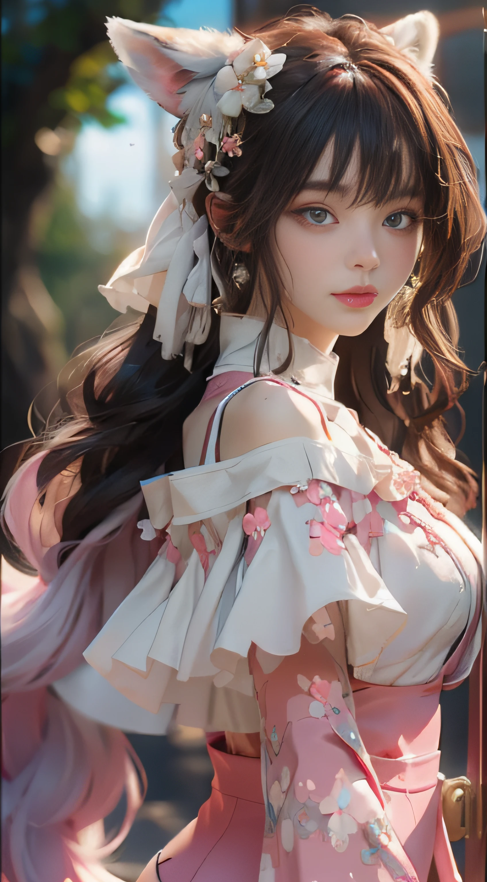 ((best qualtiy)), ((tmasterpiece)), (detail:1.4), Beautiful cyberpunk female images,hdr(HighDynamicRange),Ray traching,NVIDIA RTX,Hyper-Resolution,illusory 5,sub surface scattering,PBR textures,post-proces,Anisotropy Filtering,depth of fields,maximum definition and sharpness,Many-Layer Textures,Albedo e mapas Speculares,Surface coloring,Mitsu-Accurate simulation of material interactions,perfectly proportioned,rendering by octane,Two-colored light,largeaperture,Low ISO,White balance,Rule three points、8K raw data、Beautiful bright blue pupils,off-the-shoulder clothes,Fine pupils,Delicate face and eyes,long eyelasher,Blushlush,Delicate and fluffy hair,pink lip,Pure,Cute face,Sweet girl,Artistic sense,Casual wear,Advancedsense,butterflys,Cherry blossom petal,Beautiful hair accessories,Long hair and waist,Hair fluttering in the wind,Snow-white fox ears,curlies,Snow-white fluffy tail,Positive light,The light from the back window is backlighted