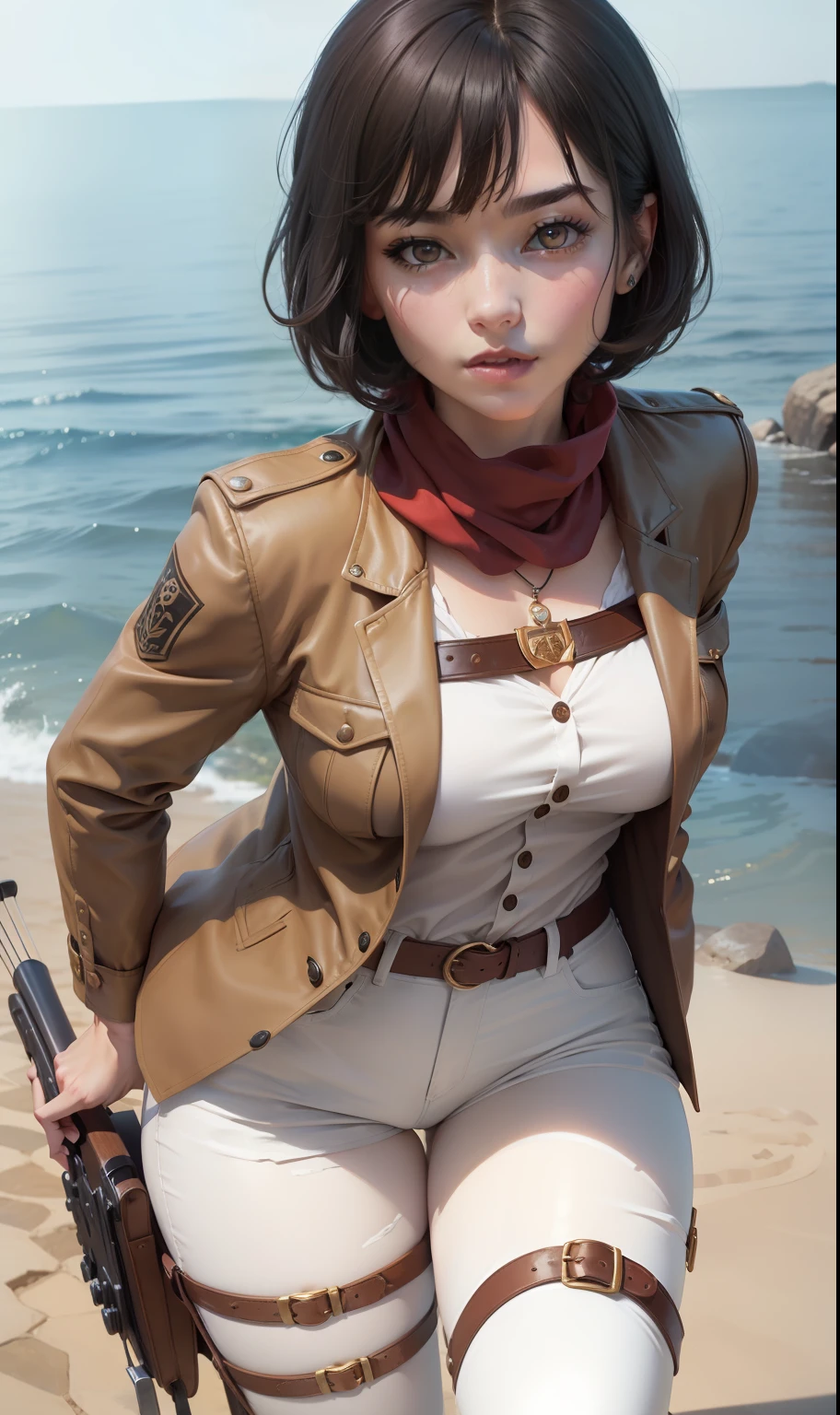 masterpiece, best quality, high resolution, fine detail, amazing and beautiful detail, different_pictures, 1 girl, solo, naked, naked, naked, miss v,from below, dark black hair, red eyes, dragon pin horns, ( boobs big), (lower chest), outdoor, plant, botanical, garden,red scarf, arrow on right leg, white pants, white shirt, golden brown jacket, short black hair