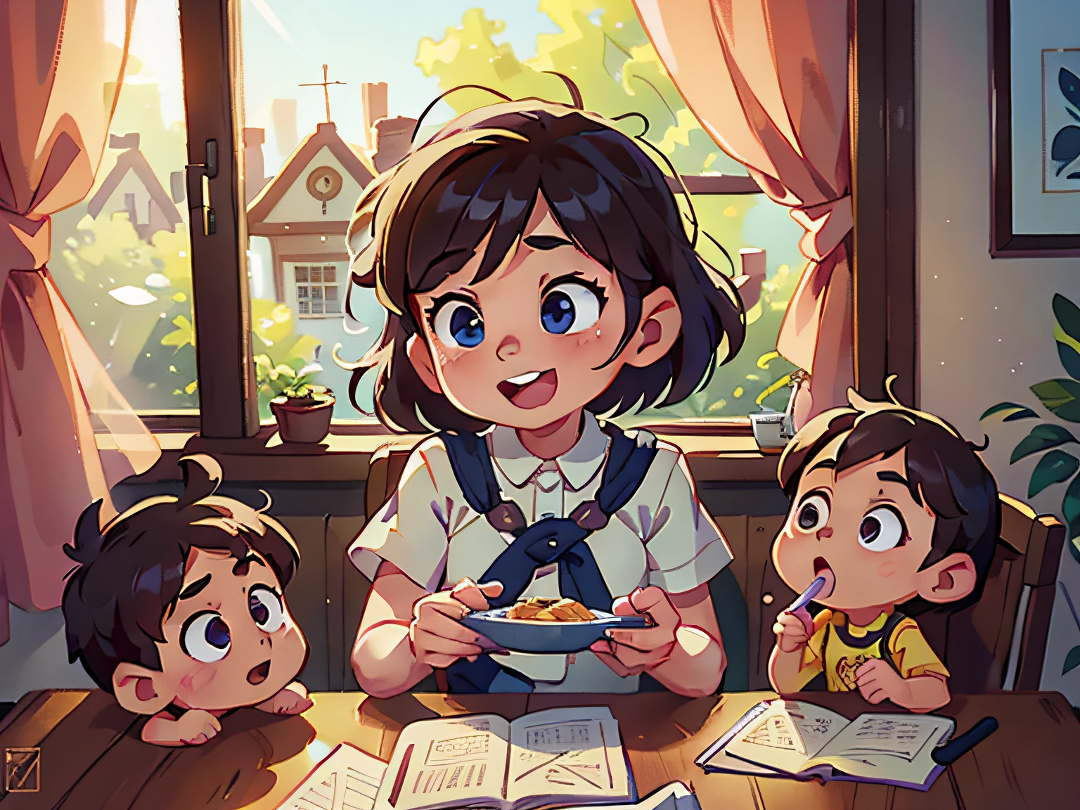 The lens shines through the window glass，The little girl looked up at the window，Warm family scenes can be seen。Families sat together，Enjoy a sumptuous dinner，Laughter and warmth filled the house，Perfect quality， （tmasterpiece：1.2） （realisticlying：1.2） （Bokeh） （best qualtiy） （detailedskin：1.3） （complexdetails） （8K） （detailedeyes） ,Disney  style，by Pixar，