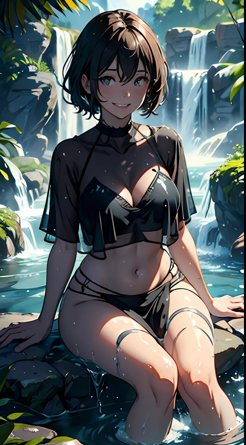 In the waterfall sits a woman wearing a black loose transparent top, voluptuous figure，Raised sexy，bathing in a waterfall, The camera angle is low at the water level, wet feet in water, feet in water, next to a waterfall, In the water,  Sit in the waterfall, body in water, float in the water，(Wet body:1.2)，Brown hair, Messy hair,, grin,​, smiley（Real water flow：1.2）Cinematic lighting, Ray tracing, Textured skin,vanishing point, super detail, high details, best quality