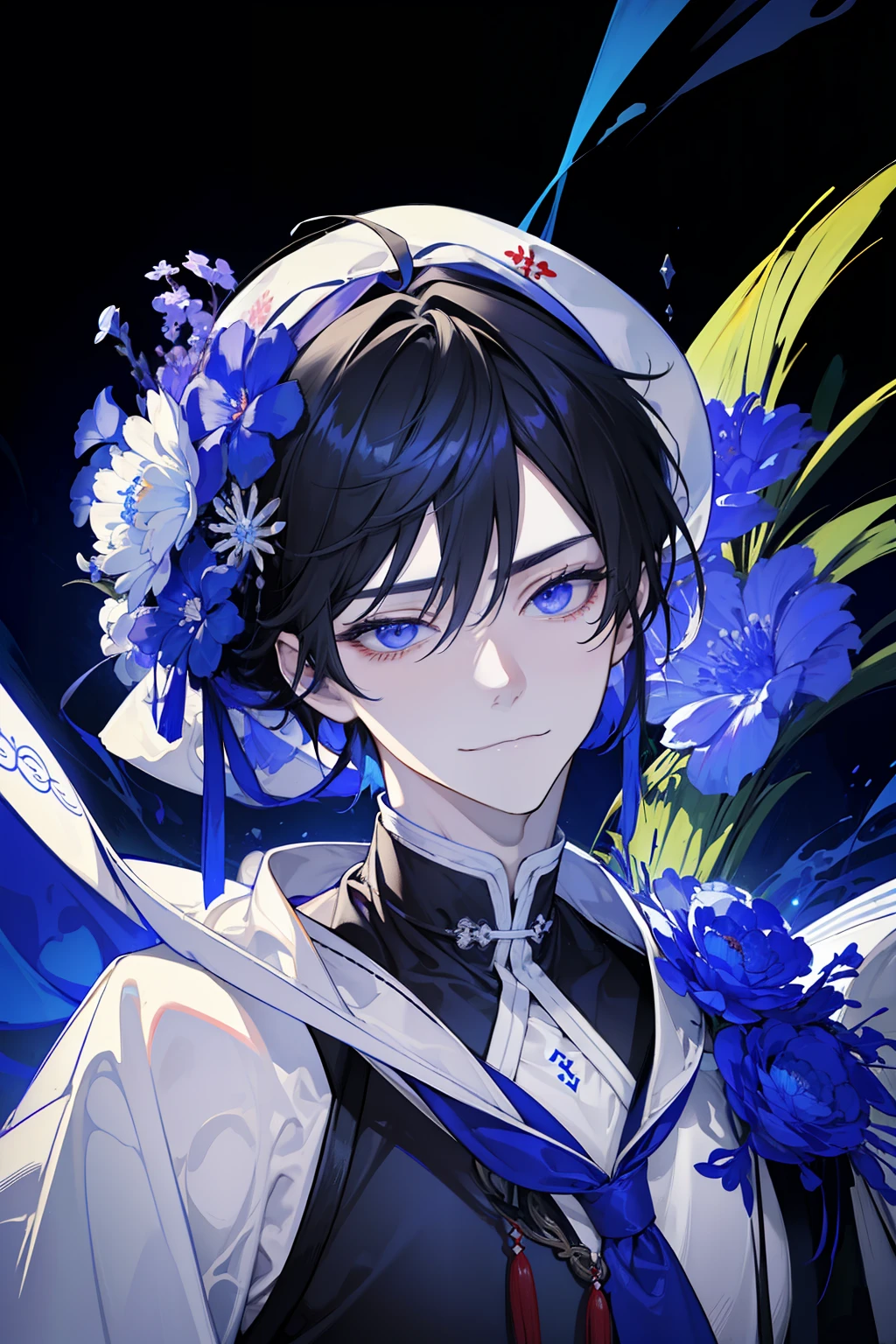 (absurderes、hight resolution、ultra-detailliert)、1male people、Adults、a handsome、tall muscular man、Glaring at me and smiling wickedly、broad shoulder、finely eye、look up to、独奏、The upper part of the body、细致背景、A detailed face、Holy oracle、ardent anger、Hooded、Headdress、kneeking、preach、cathedral、altar、divine aura、Religious icons、Incense、particles floating、funerary urn、grail、Holy、flower petals、Ethereal Atmosphere、Plata、、(Dutch angle)、Mouth closed、Glowing eyes