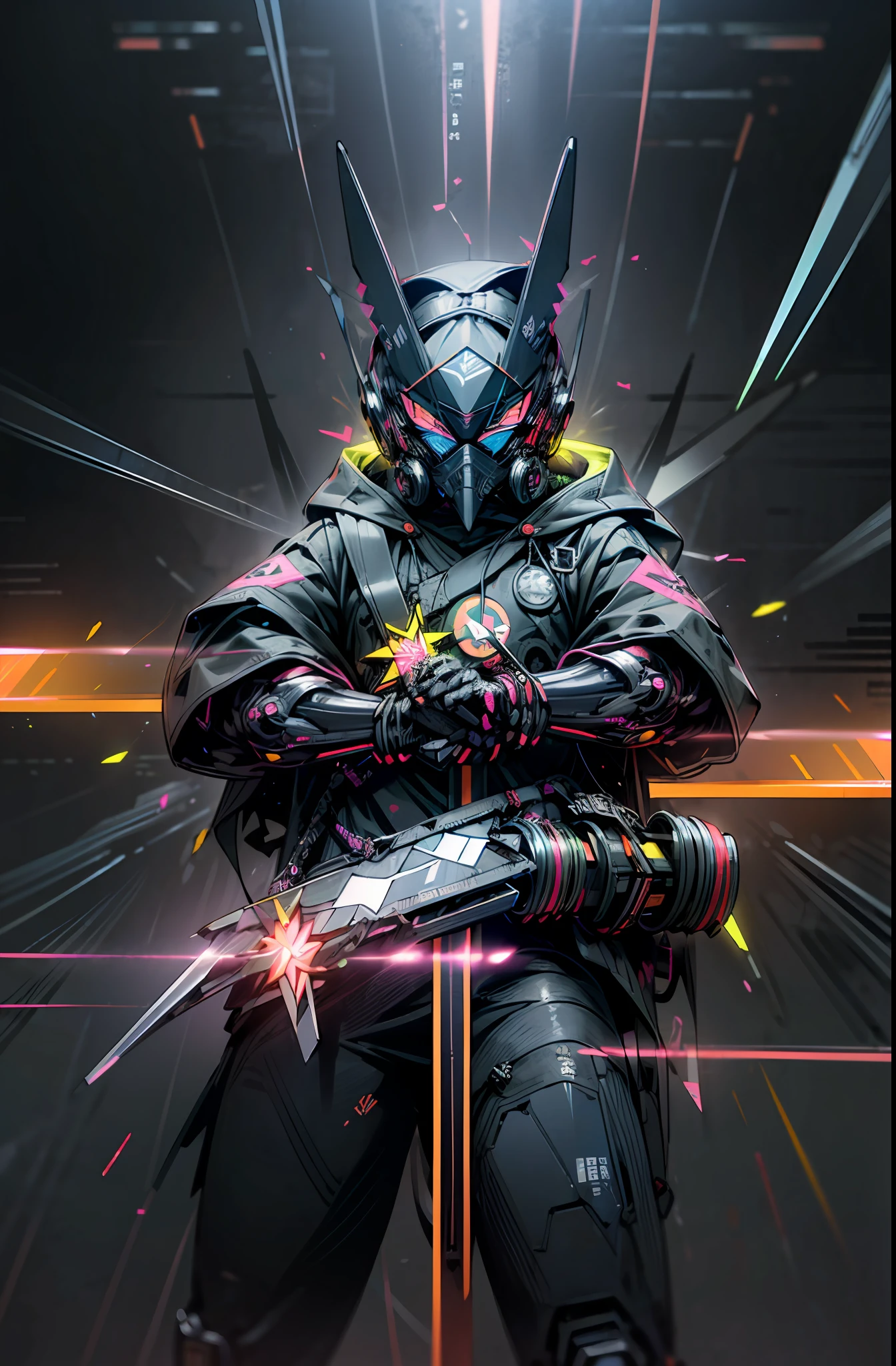 full Helmet、(gas masks:1.3)、(Explosive effect:1.5)、(Neon Paint:1.5)、(Big shuriken:1.4)、(Exercise)、(Wearing a hood:1.2)、colourfull、cyberpunked、(独奏)、droid、cyborgs、(Glitch Noise:1.5)