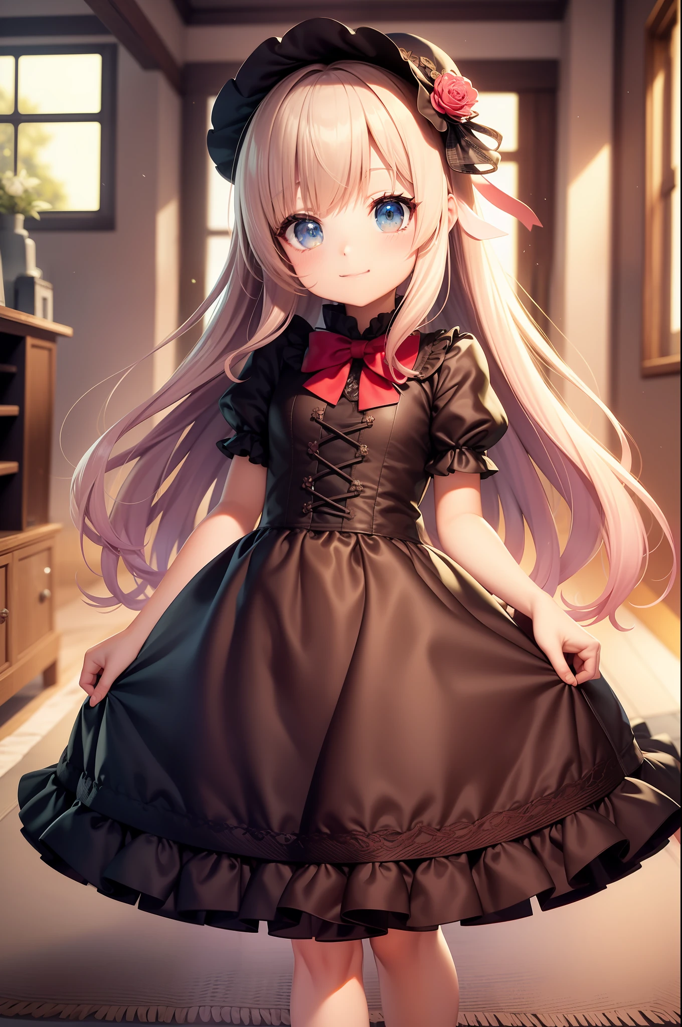 ((masutepiece)), ((Best Quality)), (Ultra-detailed), ((kawaii)), Cute, (lovely), Illustration, Anime style, (chibi), Colorful, Western-style room, Daytime, evening, Cute little girl, (loli), 1girl in, Solo, gothic lolita costume, beautiful blond hair, beautiful rainbow eyes, ((Beautiful eyes)), Long hair, Hair ornaments, (wine glasses), wining,