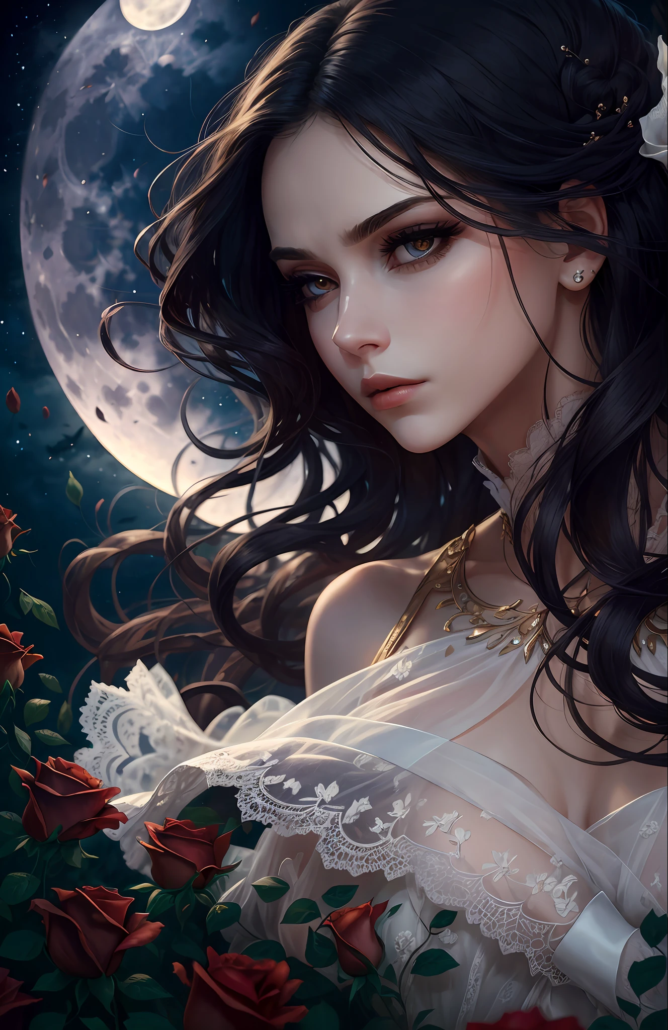 action movie, elegant pose,The Lady of Shadows, a handsome female, big black eyes, Sad look, scarlet lips, pale skin, long black hair, fluttering in the wind, dark dress with lace in baroque style, Elegant white gloves on your hands, Elegant jewelry on clothes and hair, Standing on a field of roses, night time, night sky, Huge bright moon, Cold moonlight, Eyes of detail, hiquality, Masterpiece