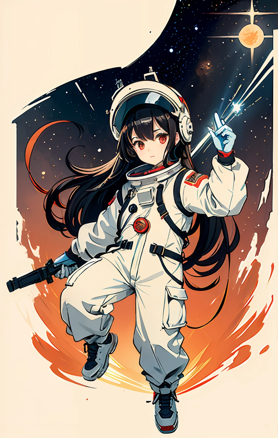 1girl, flat chested, cute, beautiful detailed eyes, shiny hair, visible through the hair, hair between the eyes, CCCPposter, sovietposter, red monochrome, Soviet poster, USSR, communism, black hair, red eyes, vampire ,girl,small breasts,spacesuit:Orange_clothing_body:jumpsuit ), white_gloves, white_space shoes, white_helmet, CCCP scarlet letters on the top of the helmet, weightlessness, Side light, reflection, the person in the spacesuit is at the bottom left of the picture, right hand outstretched, right hand Gently touch the Salyut space station), the space station in the upper right corner of the screen, the reflected light of the sun, silver metal, red flag, brilliance, Soviet style, diffuse reflection, metal texture, blue earth in the distance, mech style, star sea, high-profile, majestic