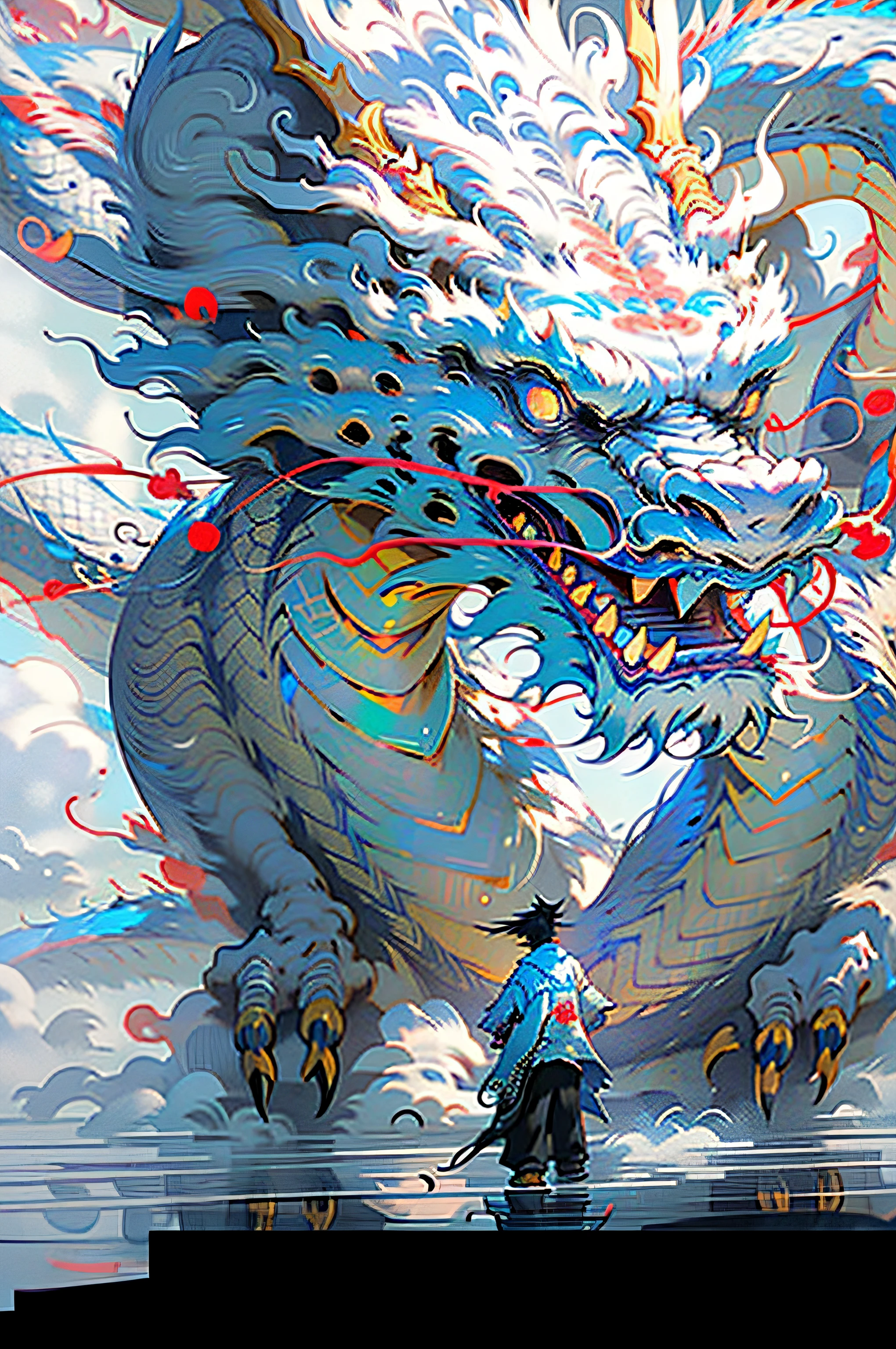 A powerful one、A huge Chinese dragon hovers in the sky,A brave man stands on the ground and looks up at it。The dragon exudes strength and majesty,Men look small and fragile。But men are not afraid,He stared at the dragon,As if paying homage to this ancient symbol。This is a metaphor for Chinese culture and national pride
