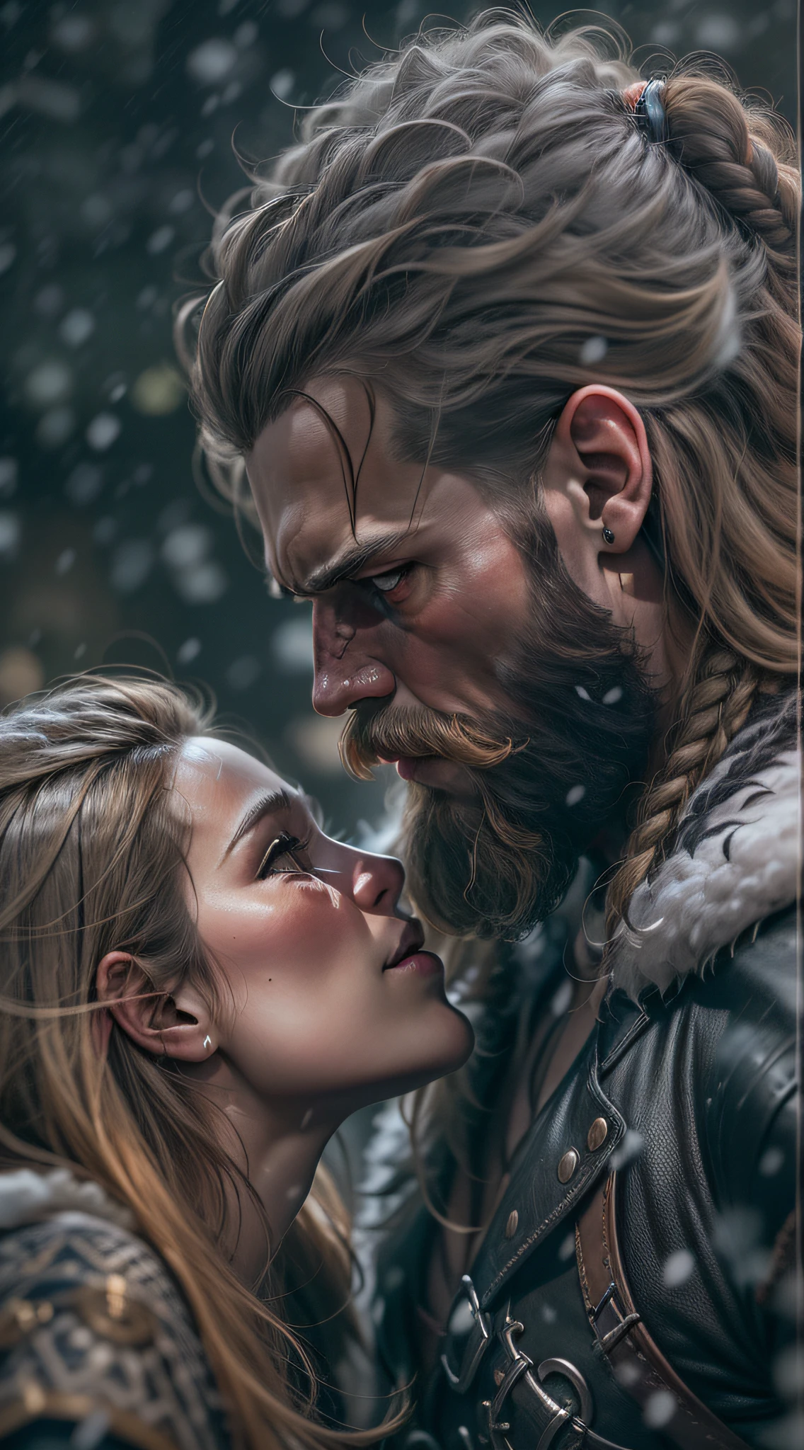 man long hair shaved on the side, stylish beard and woman long hair, golden eyes, kissing, vikings super strong, muscular, leather clothing, viking tattoos, a background village,falling snow, 35mm lens, photography, ultra details, precise texture details HDR, UHD,64K,