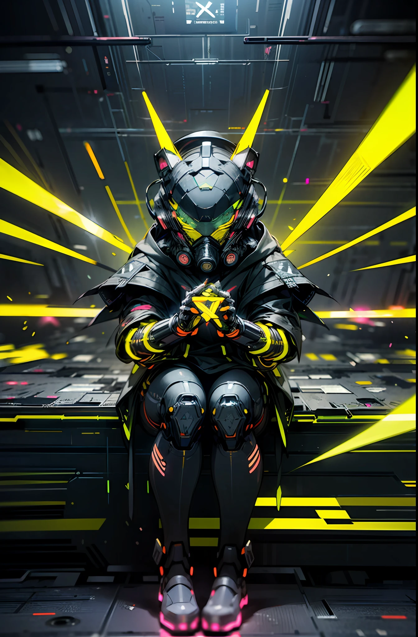 full Helmet、(gas masks:1.3)、(Explosive effect:1.5)、(Neon Paint:1.5)、(Big shuriken:1.4)、(crouching down:1.2)、(Wearing a hood:1.2)、colourfull、cyberpunked、(独奏)、droid、cyborgs、(Glitch Noise:1.7)