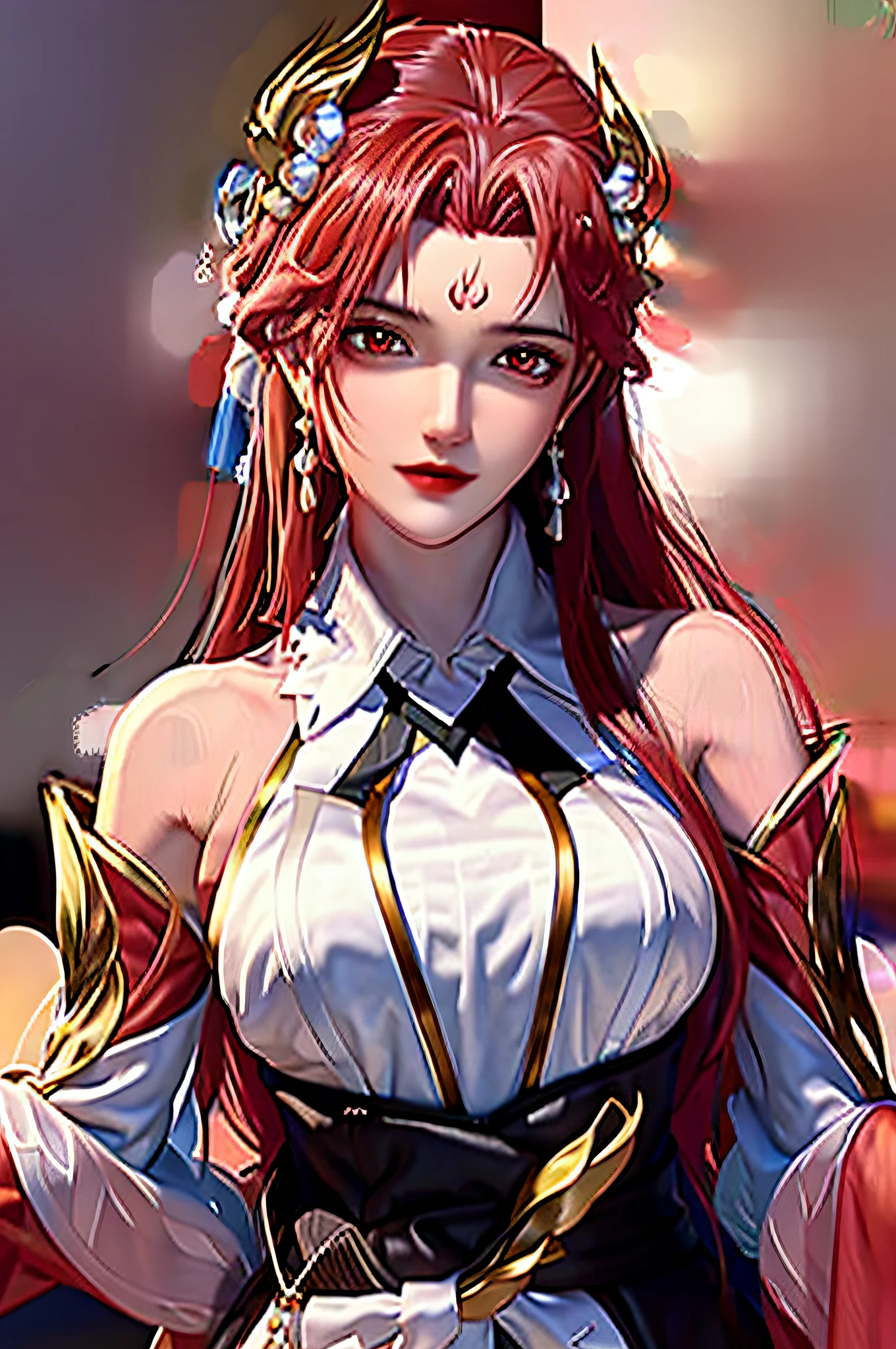 Girl, young and beautiful, tall and beautiful, fair face, perfect features, tall and beautiful, fair skin, good figure, heroic and valiant, heroic and valiant, wearing ancient Chinese armor, female general, Chinese landscape background, standing on the top of the mountain, 500 years ago, starry night, realistic, detailed, 8k, mix4,   red_dress,starry sky, fire, red hair, solo, hair ornament, long hair, red eyes, jewelry, earrings, dress, bare shoulders, red lips, upper body, white background, facial mark, crescent, lipstick, forehead mark, looking at viewer