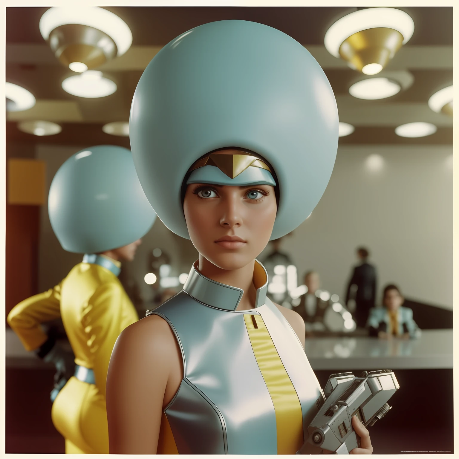 4k picture of a 1970's sci-fi movie, real picture, Wes Anderson style, pastel colors, people wearing retro-futuristic fashion clothes and futuristic technological ornaments and devices in the cafeteria, natural light, cinematic, psychedelia, weird futuristic, retro-futuristic, photo-realistic, real eyes, perfect hands, perfect hair, rich face details, hyper detailed, hyper realistic, real skin texture, real fabric textures, sharp background details, sharp render, 1970's sci-fi,