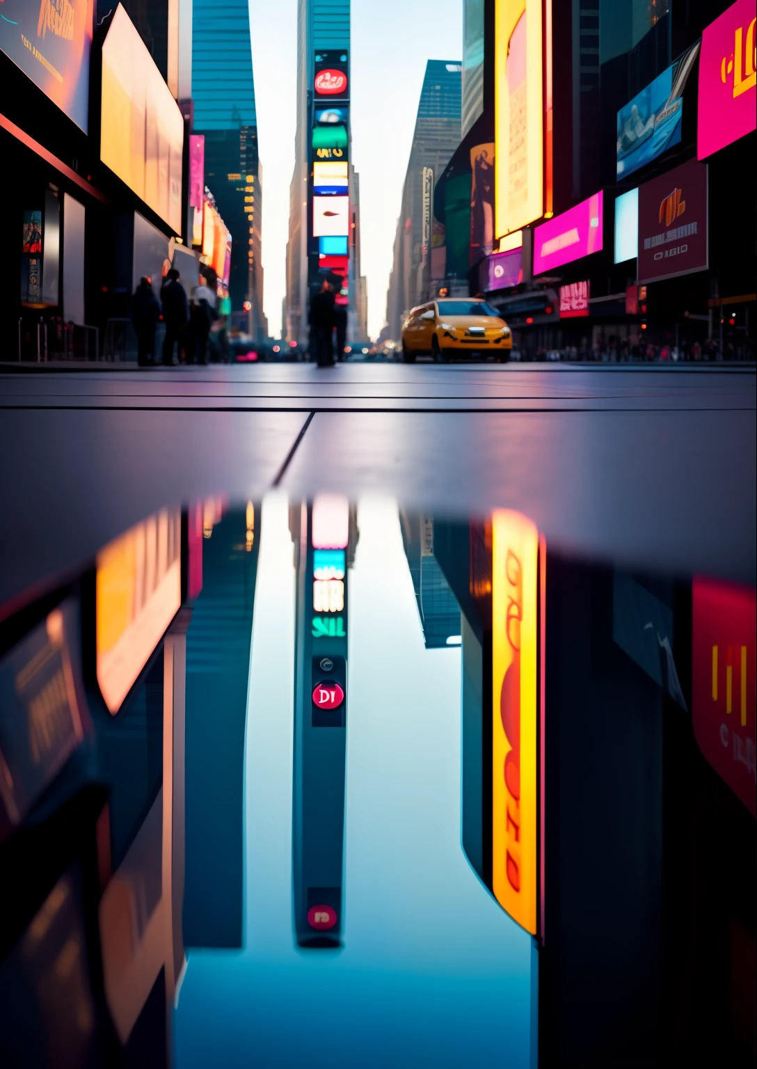 Times Square, reflection on the ground, Morning light, sol, amazing fine details, film photography Nikon D850 Kodak Portra 400 camera f1.6 lente, cores claras, textura realista, ambiente urbano, highrise, neon signs, trending on ArtStation, cinestill 800 tungsten, foto do ano,