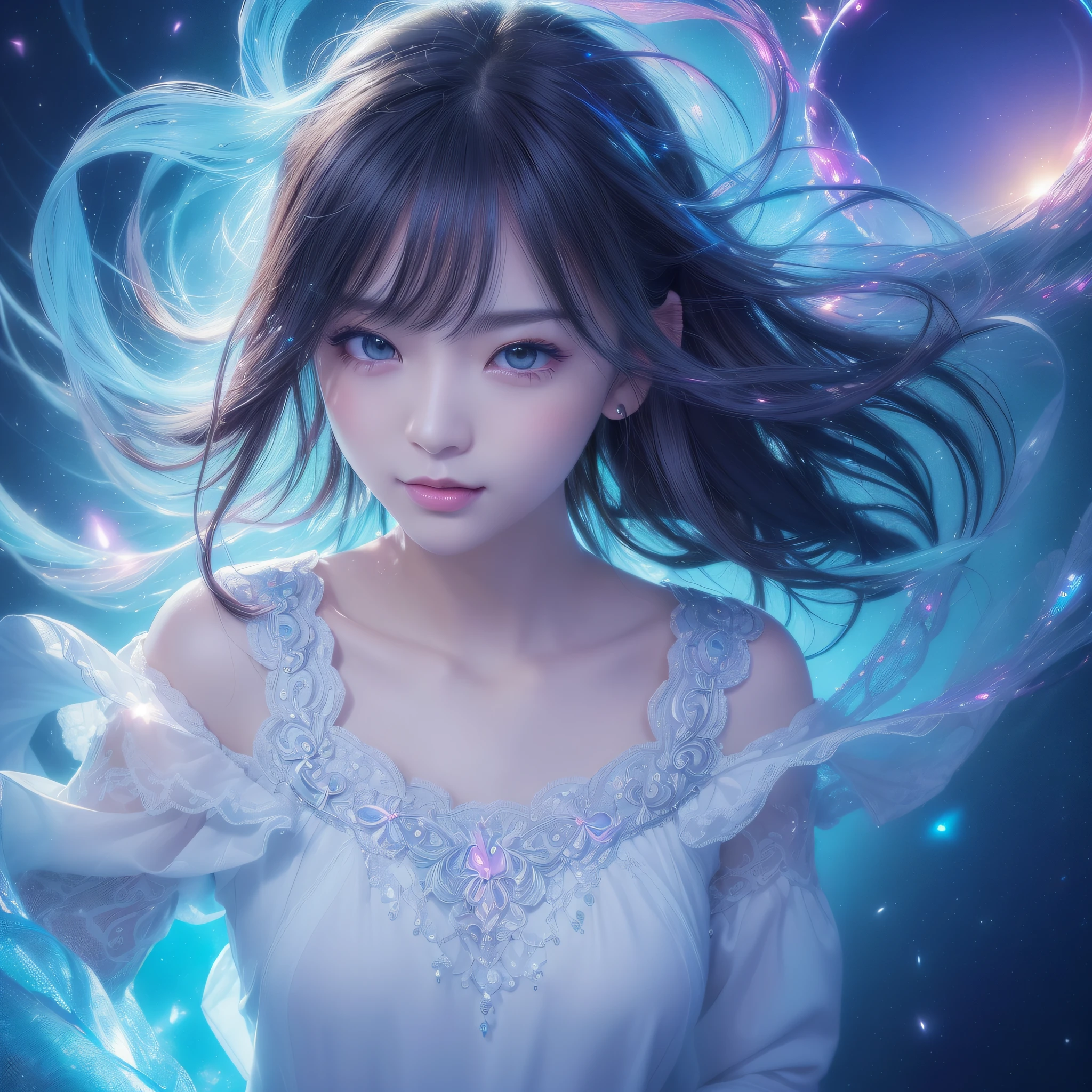 1人の女性、（Smile with the corners of your mouth raised、Open your mouth a little、lipgloss）、dreamlikeart、Highly detailed airbrush art(((Ultra CG))、intricate detailes、Volumetric lighting、(​masterpiece:1.2)、(top-quality)、4K、The ultra-detailliert、Highly detailed colorful details、(Irridescent color:1.2)、(Bright lighting、Atmospheric lighting)、dream-like、Magical、dynamic compositions、Ray traching、The mirror reflects light、Shallow depth of field、ultra-detailliert、mixing  exposure、nffsw