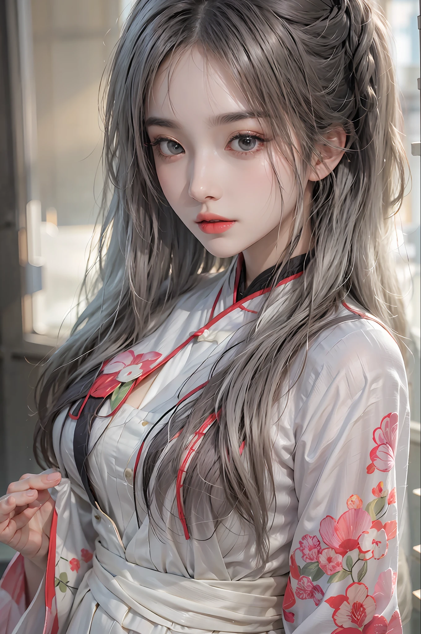 photorealistic, high resolution, 1 women, solo, hips up, look at viewer, (detailed face), white hair, long hair, medium breasts, aodai