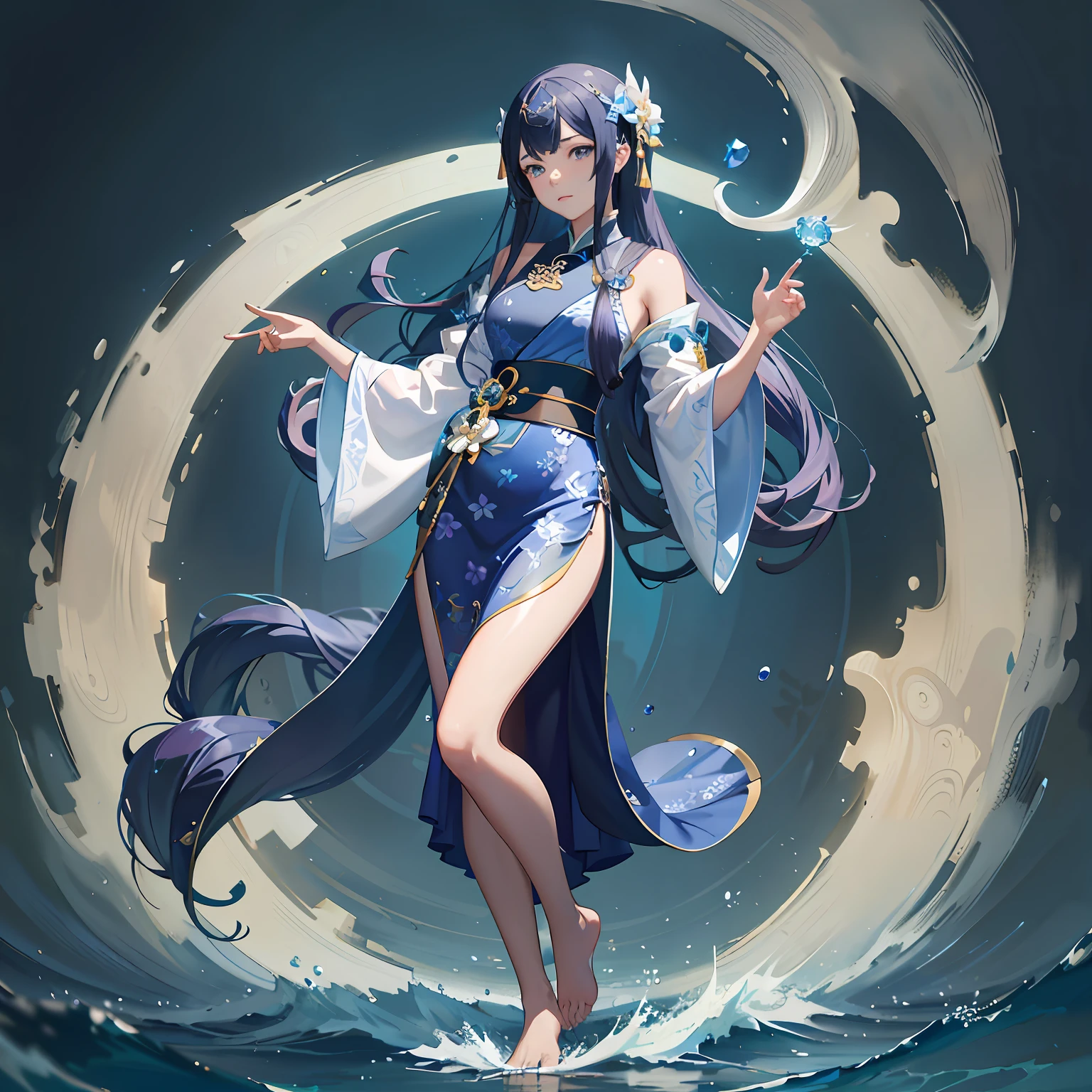 Anime girl in blue dress standing in water,A flower stuck in his hair, Onmyoji detailed art, Asian Woman Water Elemental, onmyoji, goddess of the sea, Extremely detailed Artgerm, Artgerm and Atey Ghailan, queen of the sea mu yanling, art-style, Style Artgerm