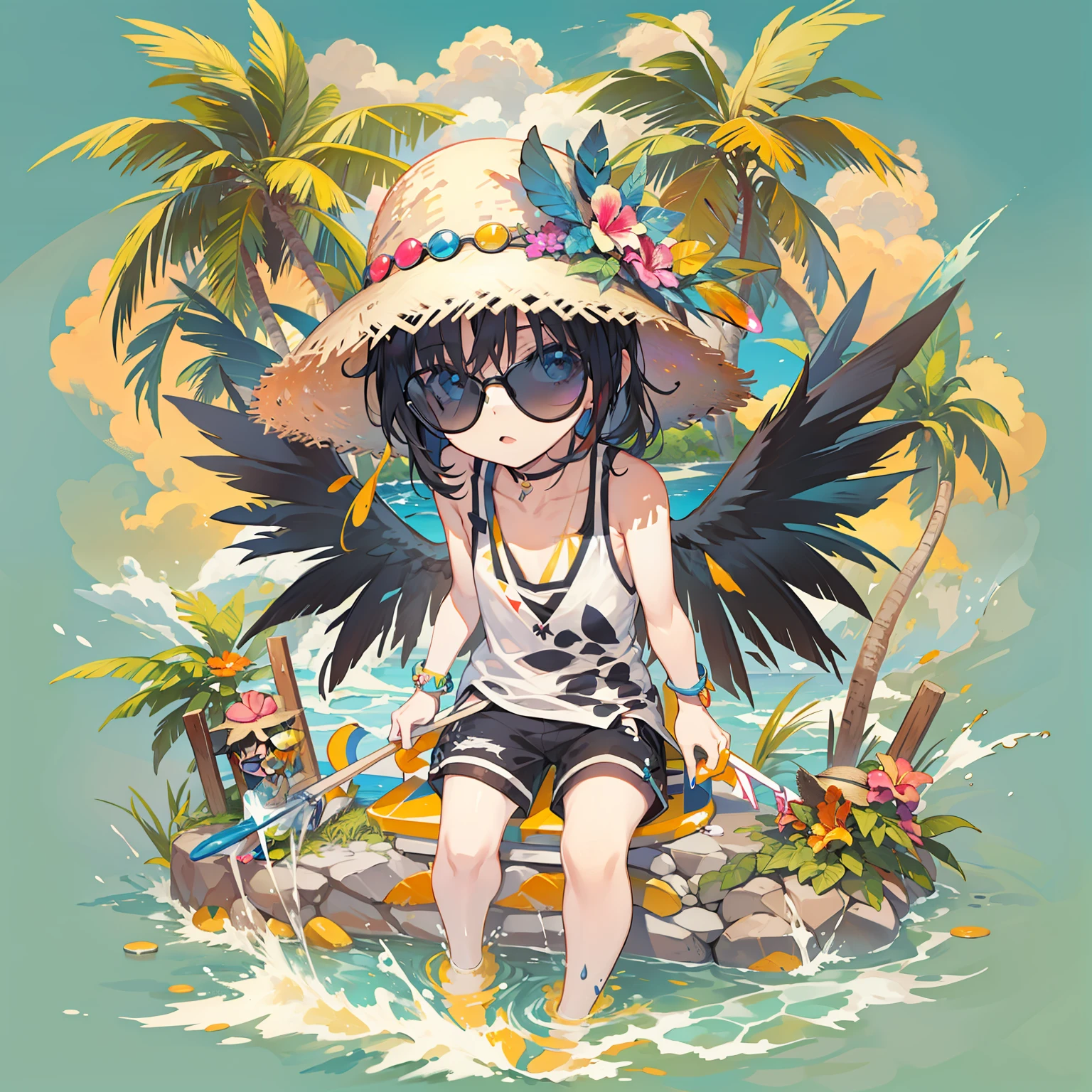 Chibichara、a straw fedora hat、Straw hat with sunglasses hanging、Summer sea、Palm trees、tanktop shirt、shortpants、swim ring、It has large black wings growing、Splash paint in bright colors、wings are symmetrical