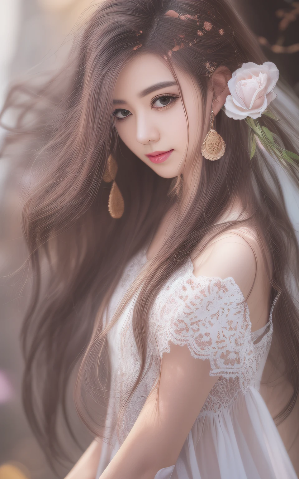 Best quality，tmasterpiece，A high resolution，CG， 1girll，arma，The sword，long whitr hair，shift dresses，Eau，（Temptation 1.5），独奏，jewely，white dresses，耳Nipple Ring，hair adornments，spatter，The upper part of the body，hair-bun，brunette color hair， illuminating，Frankness，photore，A high resolution，8k，bokeh，（Depth of field 0.5），high detal