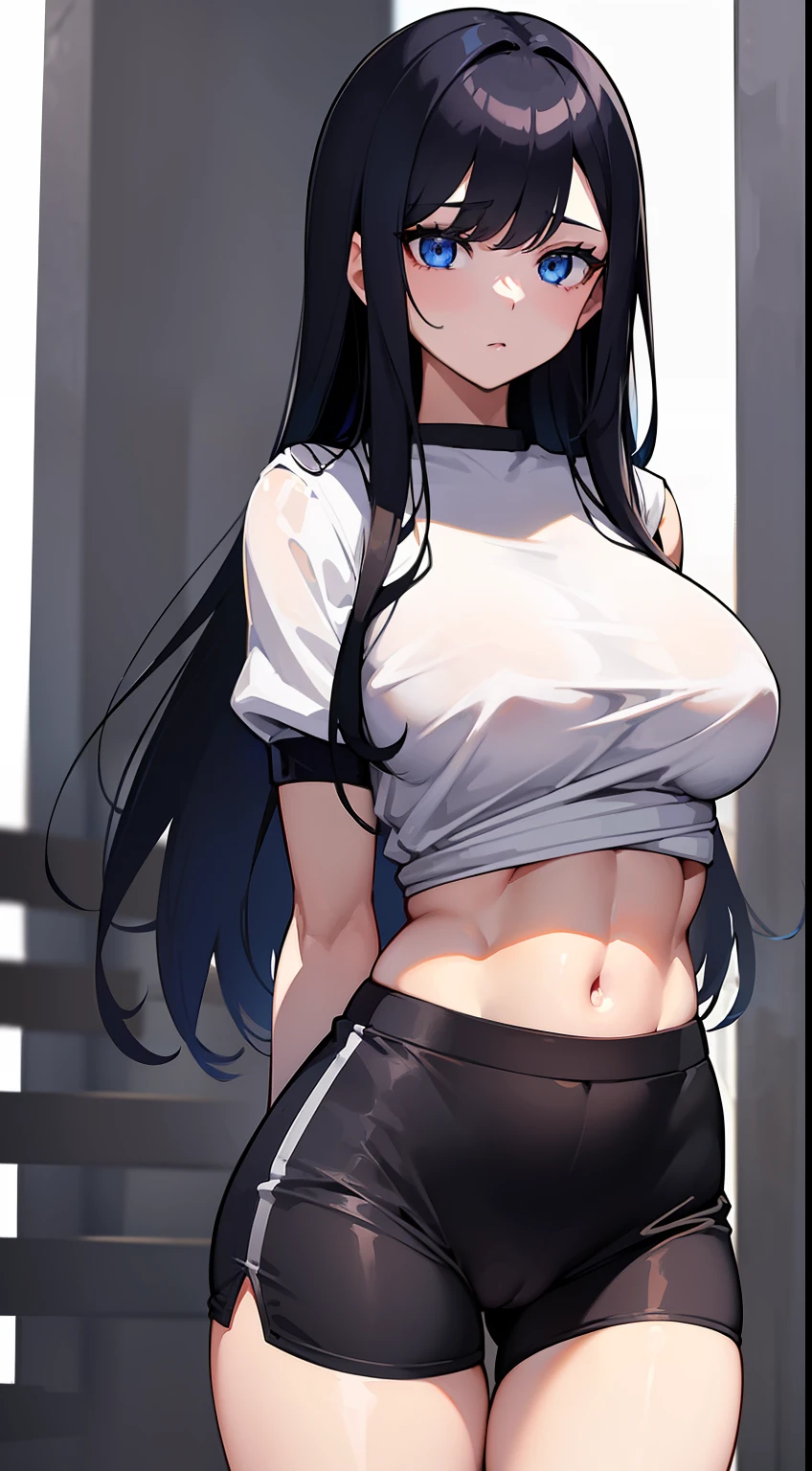 masterpiece、top-quality、hight resolution、profetional lighting、anime styled、Details of the face and clothes、Single-color background 、1womanl、Upper body shot from the front、Beautiful busty schoolgirl standing facing the front、(Mature face and body)、Turn your face and look straight ahead、(Wearing gym clothes、shortsleeves、White gymnastics shirt with round neck、Navel Ejection、Low waist high cut sexy black racing shorts dig into the skin、thighs thighs thighs thighs)、(blue eyess、cabelos preto e longos、straight haired :1.1)、adult-like