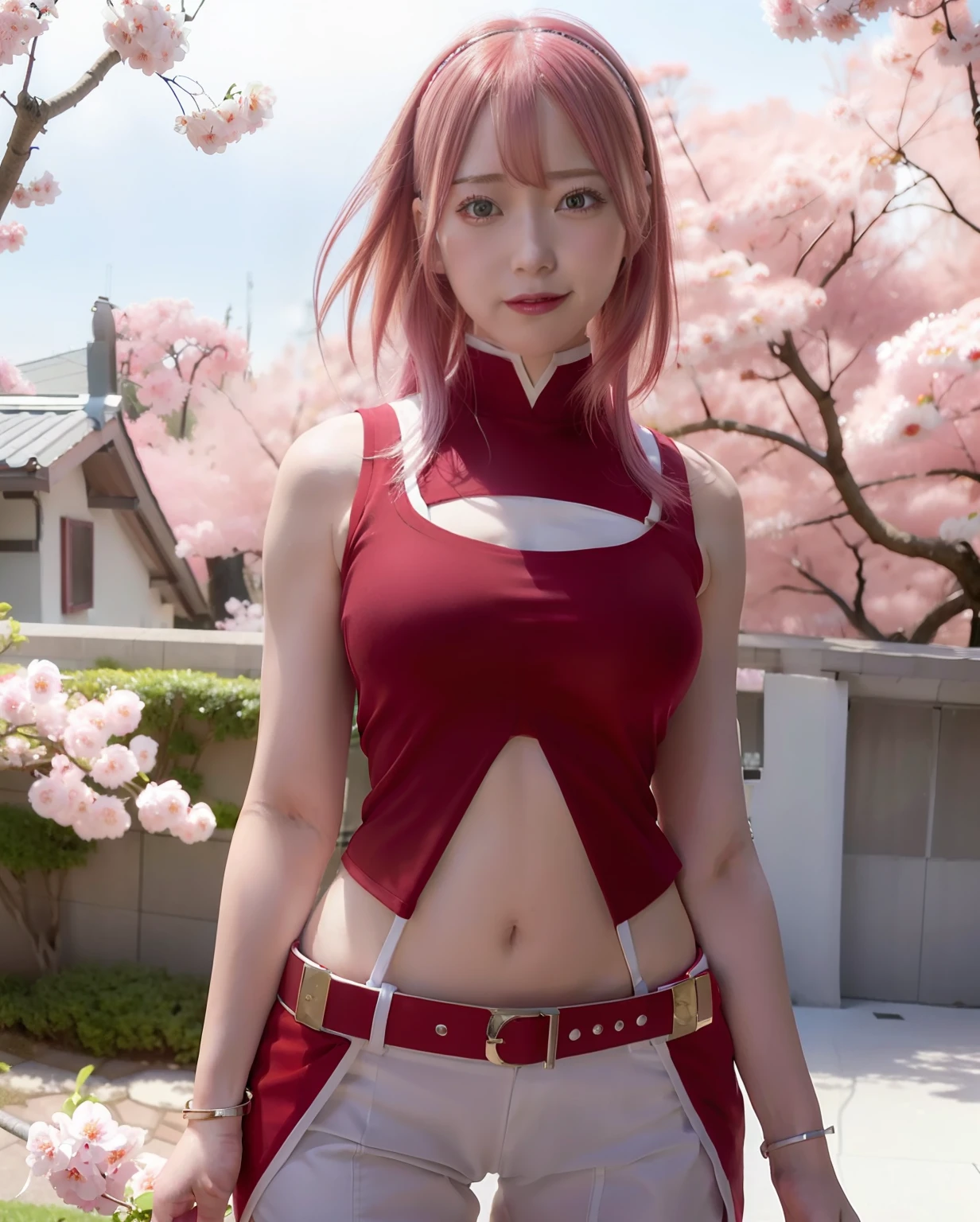 Realistic, Photorealistic,masterpiece,1girl, haruno sakura, forehead mark, red hairband, red sleeveless dress, white pants, navel, groin, bracelet, looking at viewer, smile, cherry blossoms, private garden, wind, floating hair, large breast ,(((wide hips))), toned body, detailed eyes, tight body