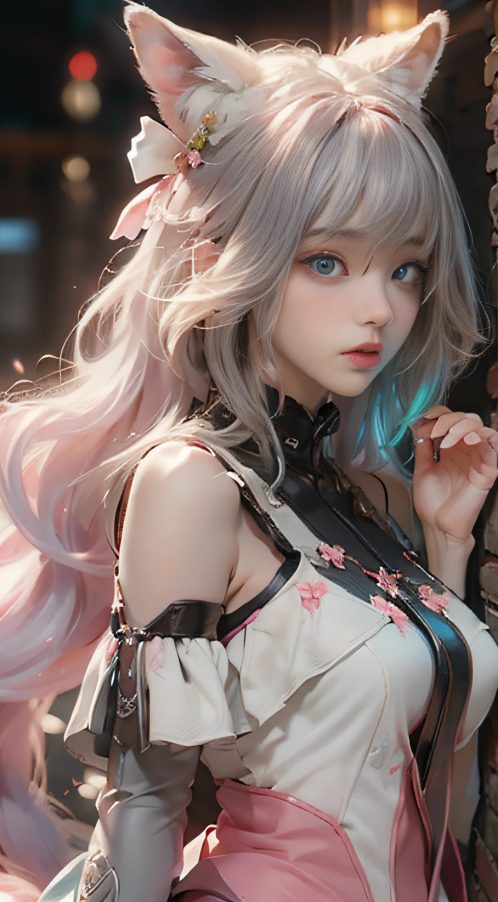 ((best qualtiy)), ((tmasterpiece)), (detail:1.4), Beautiful cyberpunk female images,hdr(HighDynamicRange),Ray traching,NVIDIA RTX,Hyper-Resolution,illusory 5,sub surface scattering,PBR textures,post-proces,Anisotropy Filtering,depth of fields,maximum definition and sharpness,Many-Layer Textures,Albedo e mapas Speculares,Surface coloring,Mitsu-Accurate simulation of material interactions,perfectly proportioned,rendering by octane,Two-colored light,largeaperture,Low ISO,White balance,Rule three points、8K raw data、Beautiful bright blue pupils,off-the-shoulder clothes,Fine pupils,Delicate face and eyes,long eyelasher,Blushlush,Delicate and fluffy hair,pink lip,Pure,Cute face,Sweet girl,Artistic sense,Casual wear,Advancedsense,butterflys,Cherry blossom petal,Beautiful hair accessories,Long hair and waist,Hair fluttering in the wind,Snow-white fox ears,curlies,Snow-white fluffy tail,Positive light,The light from the back window is backlighted