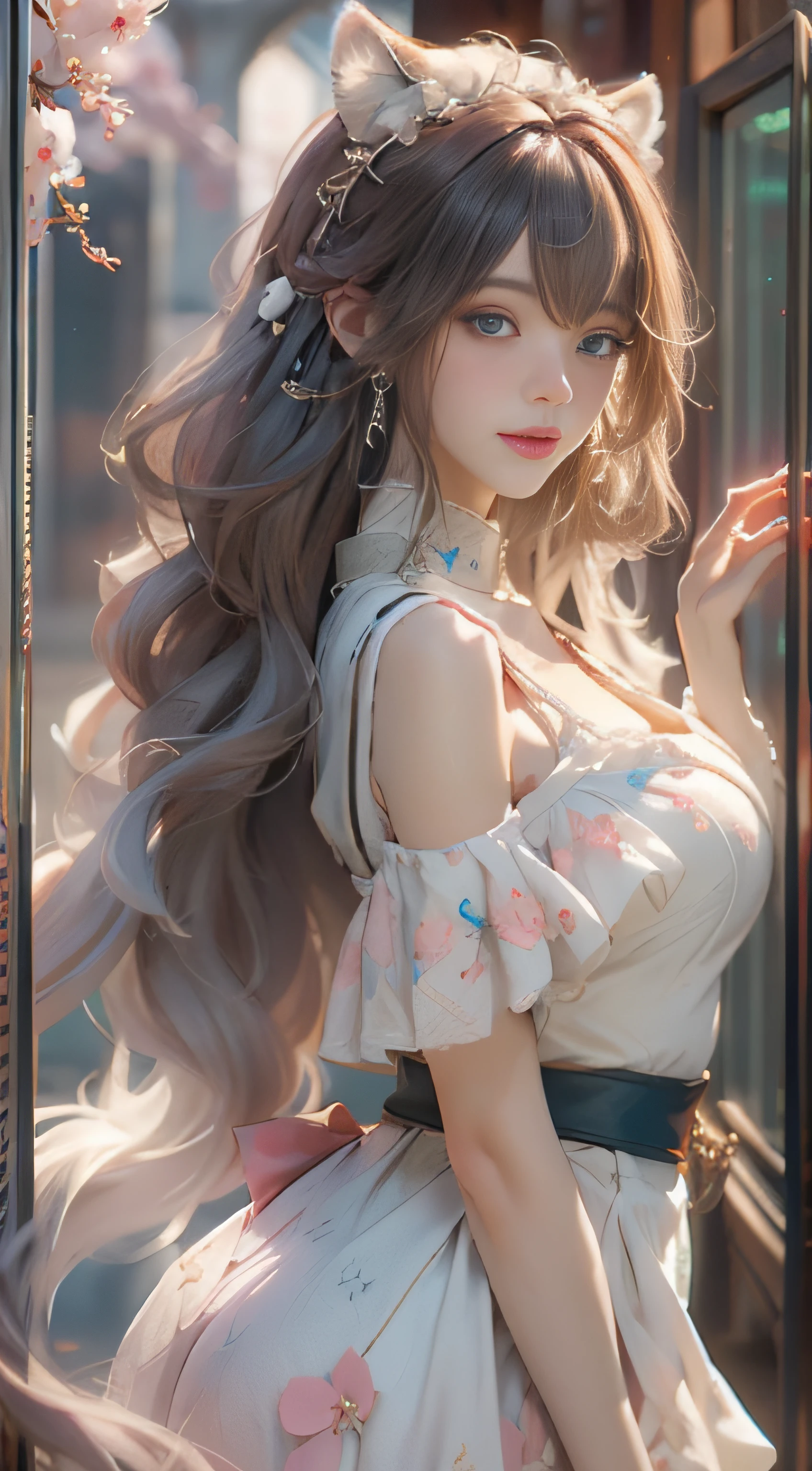 ((best qualtiy)), ((tmasterpiece)), (detail:1.4), Beautiful cyberpunk female images,hdr(HighDynamicRange),Ray traching,NVIDIA RTX,Hyper-Resolution,illusory 5,sub surface scattering,PBR textures,post-proces,Anisotropy Filtering,depth of fields,maximum definition and sharpness,Many-Layer Textures,Albedo e mapas Speculares,Surface coloring,Mitsu-Accurate simulation of material interactions,perfectly proportioned,rendering by octane,Two-colored light,largeaperture,Low ISO,White balance,Rule three points、8K raw data、Beautiful bright blue pupils,off-the-shoulder clothes,Fine pupils,Delicate face and eyes,long eyelasher,Blushlush,Delicate and fluffy hair,pink lip,Pure,Cute face,Sweet girl,Artistic sense,Casual wear,Advancedsense,butterflys,Cherry blossom petal,Beautiful hair accessories,Long hair and waist,Hair fluttering in the wind,Snow-white fox ears,curlies,Snow-white fluffy tail,Positive light,The light from the back window is backlighted