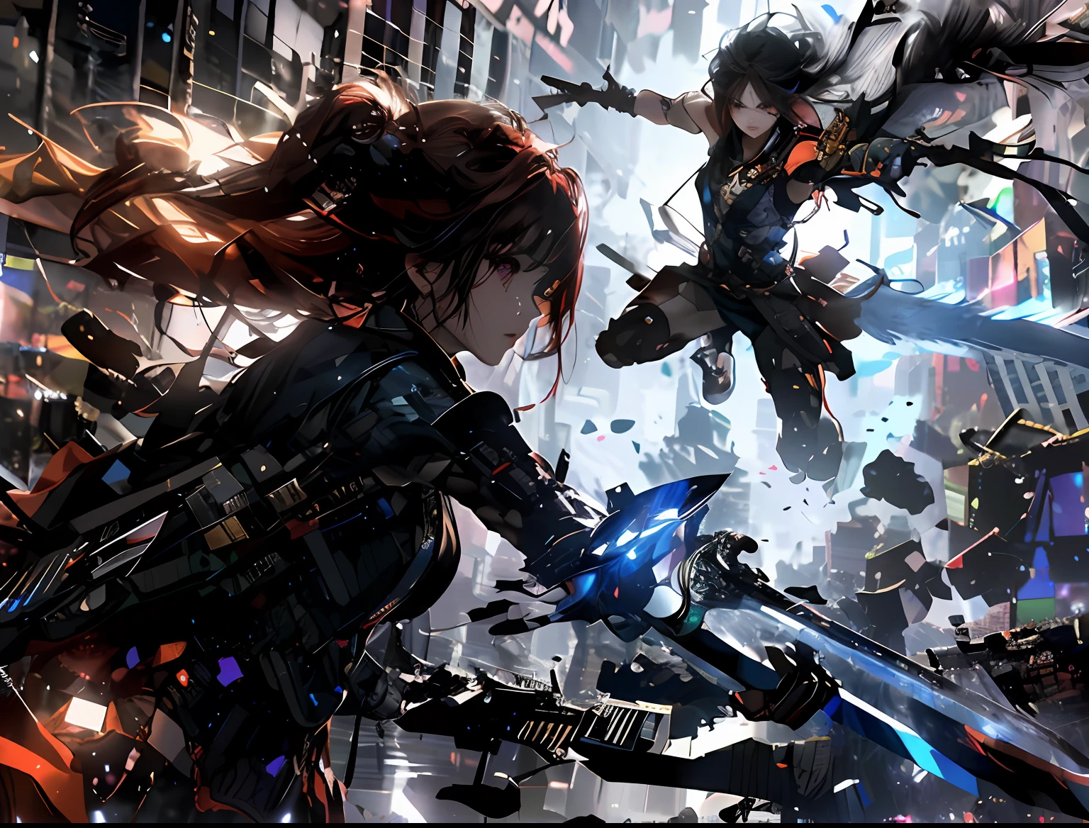{{{Turn your back to the audience}}}，(((full bodyesbian)))，{{very wide wide shot}},{{From below}}，((Dutch angle)),((Perspective))，,((The course of the battle))，Two-player battles，Reflective floor, A masterpiece of mirrored textured flooring, best qualityer, best qualityer,Amazing,((2girls)),combat scene，finedetail,depth of fields,extremely detailed wallpaper CG unity 8k, Masterpiece, full bodyesbian,(),(whaite hair), red streaked hair, Red eyes, (full bodyesbian),red hair, (((with sword))), Angry face,(美丽细致的眼睛), Blood drop,Blood fog, floated hair,light shafts, soft focus, character focus,messy  hair,with long bangs, hairs between eyes, view the viewer,lowing hair, Floating, Splashing blood,Long hair,(blood stain)