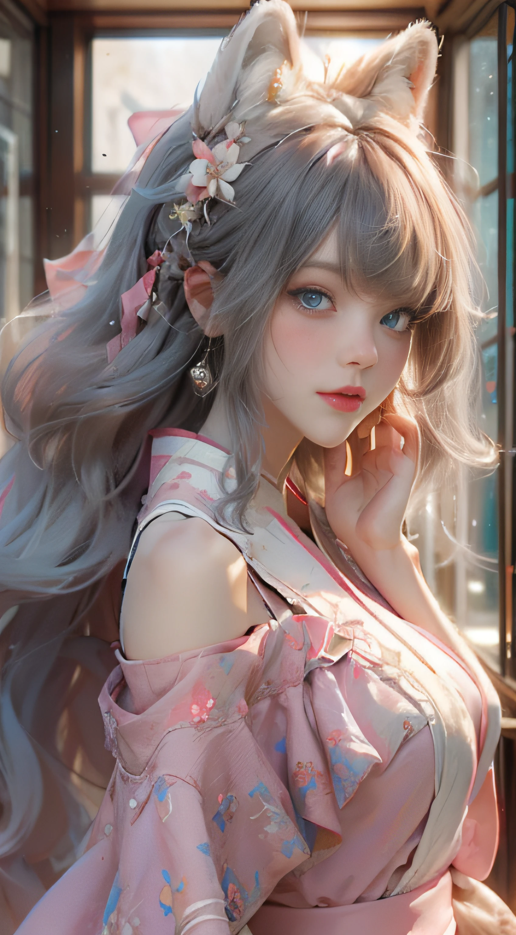 ((best qualtiy)), ((tmasterpiece)), (detail:1.4), Beautiful cyberpunk female images,hdr(HighDynamicRange),Ray traching,NVIDIA RTX,Hyper-Resolution,illusory 5,sub surface scattering,PBR textures,post-proces,Anisotropy Filtering,depth of fields,maximum definition and sharpness,Many-Layer Textures,Albedo e mapas Speculares,Surface coloring,Mitsu-Accurate simulation of material interactions,perfectly proportioned,rendering by octane,Two-colored light,largeaperture,Low ISO,White balance,Rule three points、8K raw data、Beautiful bright blue pupils,off-the-shoulder clothes,Fine pupils,Delicate face and eyes,long eyelasher,Blushlush,Delicate and fluffy hair,pink lip,Pure,Cute face,Sweet girl,Artistic sense,Casual wear,Advancedsense,butterflys,Cherry blossom petal,Beautiful hair accessories,Long hair and waist,Hair fluttering in the wind,Snow-white fox ears,curlies,Snow-white fluffy tail,Positive light,The light from the back window is backlighted