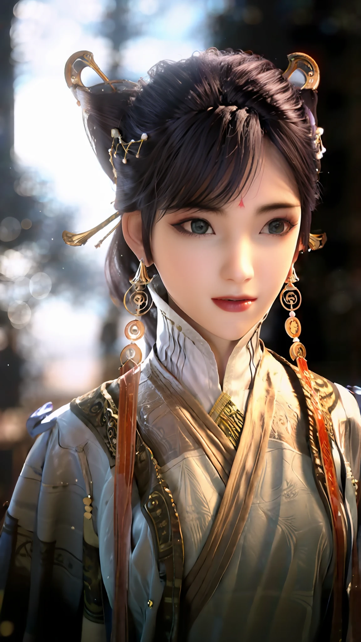 A woman with a ponytail and bun wears a video game character costume，With a ponytail and ponytail, (1girll:0.997), (Blurry:1.000), (The background is blurred out:1.000), (blurryforeground:0.999), (Bokeh:0.831), (Brown hair:0.880), (Chinese clothes:0.894), (Depth of field:1.000), (Earrings:0.984), (hair adornments:0.947), (hair stick:0.888), (jewelry:0.968), (Lips:0.863), (lipstick:0.688), (Makeup:0.635), (Motion blur:0.936), (nase:0.769), (Outdoors:0.571), (Solo:0.940),view the viewer,