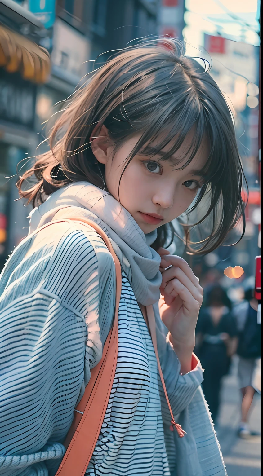 1girl、Streets of Tokyo、natta、A city scape、city light、The upper part of the body、a closeup、8k、RAW Photography、top-quality、masterpiece、realisitic、Photorealsitic、Summer clothes