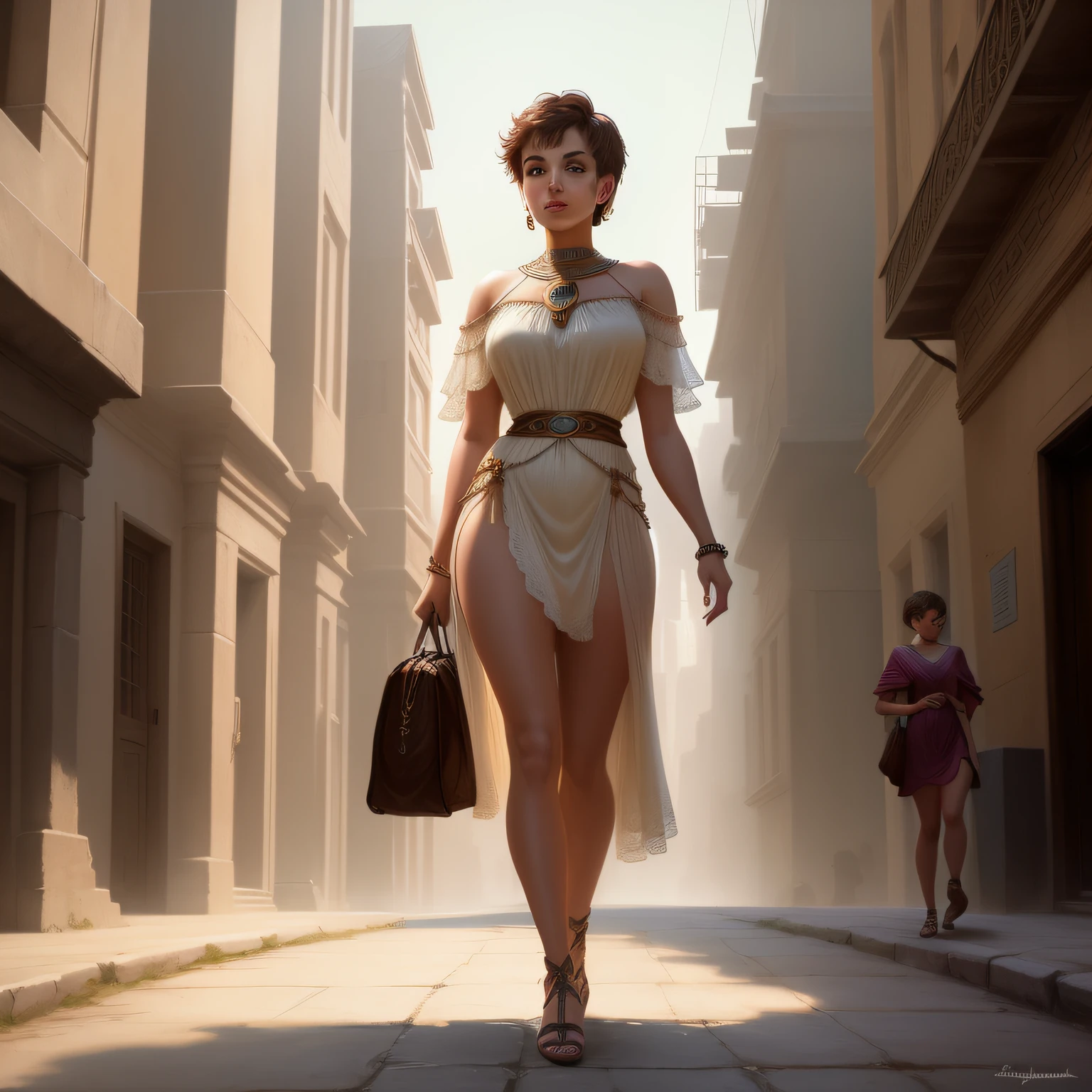A high-Resolution Hyper detailed Full body drawing of an attractive young woman resembling Sophia Lillis, with short hair, dressed in a hyper-detailed Ultra short and low cut Ancient Greek tunic, Full body portrait in the style of Frank Frazetta, Bruce Pennington, aND DOUGLAS BECKMAN on the street a futuristic Sci-Fi city with a mix of modern and ancient buildings