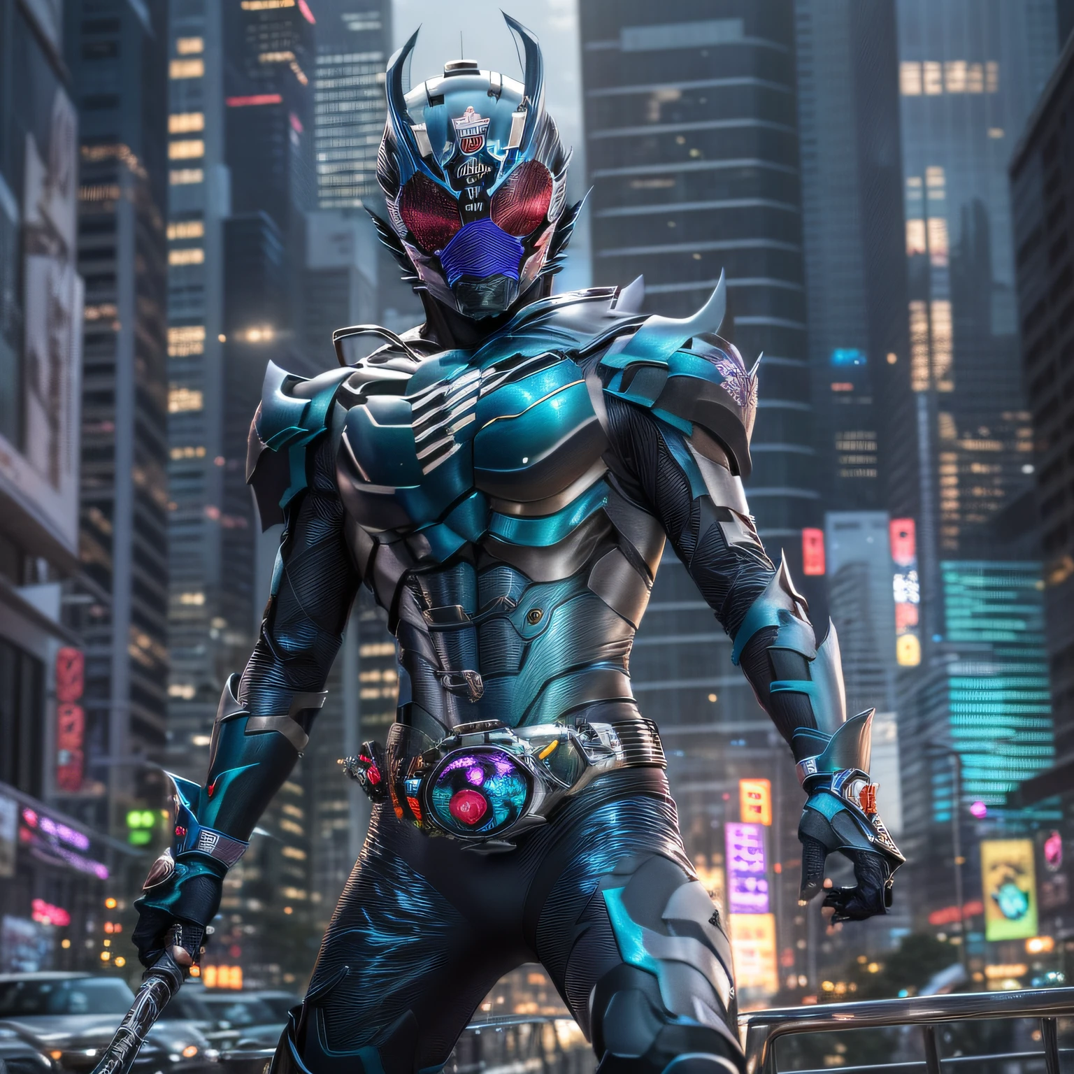 (8K、RAW、proffesional、top-quality)、(realisitic、Photorealsitic:1.2)、(Highest Detail Face:1.2)、Front lighting、A dark shadow threatened the city。Kamen Rider Blue_moon。Metallic body with white silver shining on deep blue、Wearing a transformation belt、Burning with a Righteous Heart, He follows the minions of evil々Defeat。The battle rages、The Last Enemy Appears。Special Move(Moonmash)で、Kamen Rider illuminates the darkness。