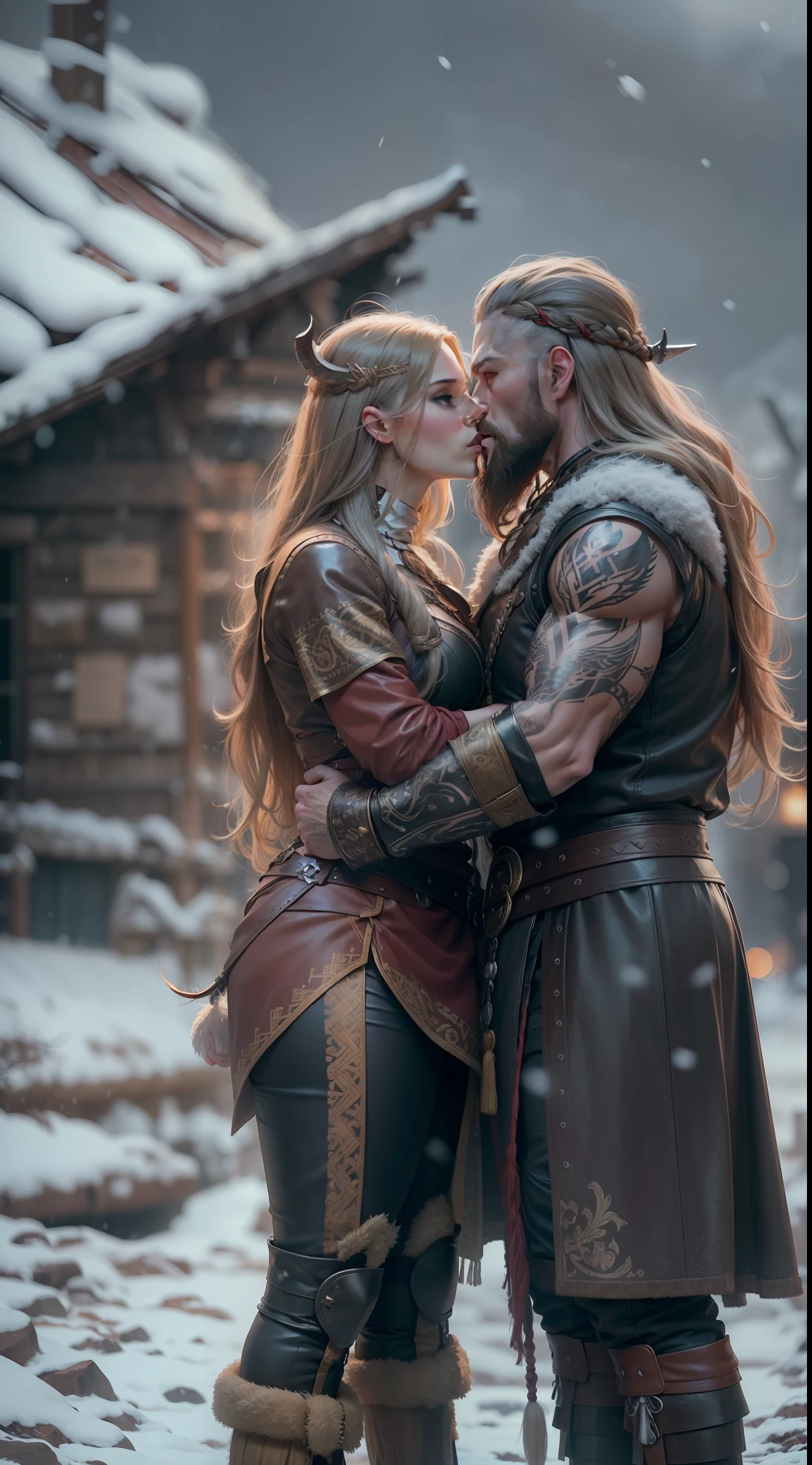 man long hair shaved on the side, stylish beard and woman long hair, golden eyes, kissing, vikings super strong, muscular, leather clothing, viking tattoos, a background village,falling snow, 35mm lens, photography, ultra details, precise texture details HDR, UHD,64K,