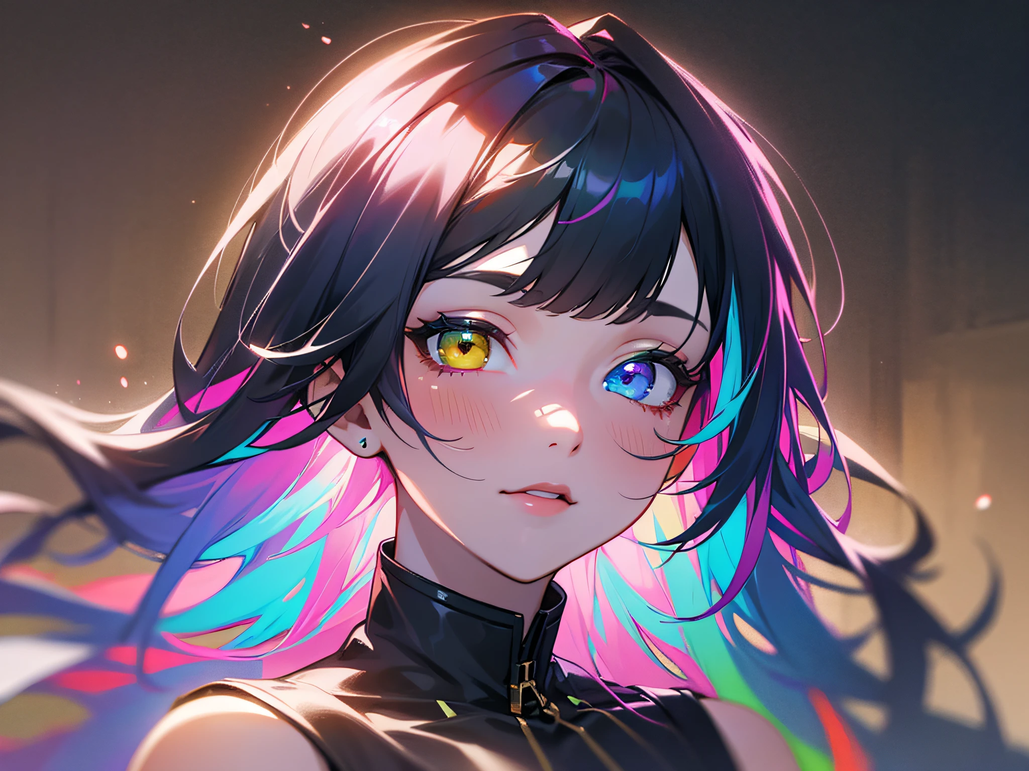 {{masterpiece}}, best quality, extremely detailed CG unity 8k wallpaper, cinematic lighting, lens flare, beautiful detail eyes, black,  side glance,  multicolor hair, colorful light, particles, heterochromia, (colorful:1.5), (colorful hair:1.5),