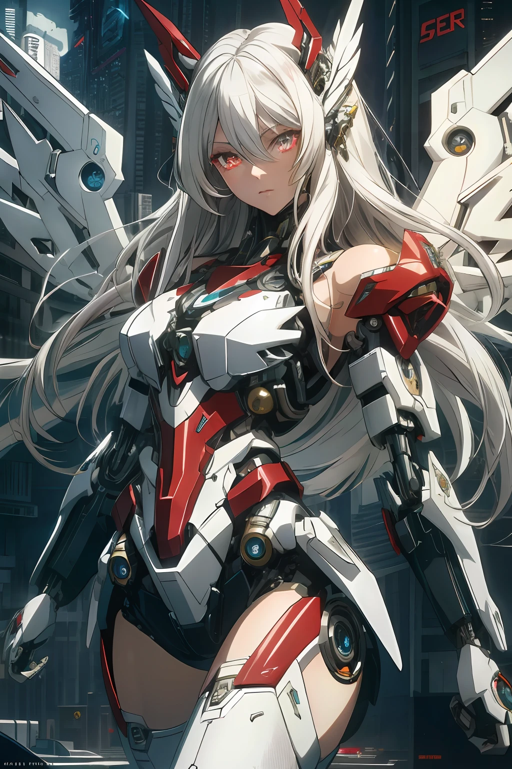 masterpiece, best quality, glowing eyeslong hair with long locks,white_hair,red_eyes,white_thighhighs,small_breasts,{{Mechanical wing}},{{Metal wings}},{{Mecha wing}},{mecha clothes},robot girl,beautiful detailed face,Mechanical-arm,((beauty detailed eye)),{mecha,huge_filesize},beautiful detailed face, ((beauty detailed eye)), dramatic angle{{beautiful face}},{best quality}, {{masterpiece}}, extremely detailed 8K wallpaper,cyberpunk city,masterpiece,highres,detailed manga illustration,(bare shoulders), (skinny),mecha musume,(Above the thigh:1.3), ((solo)), beautyful eyes, shiny eyes,