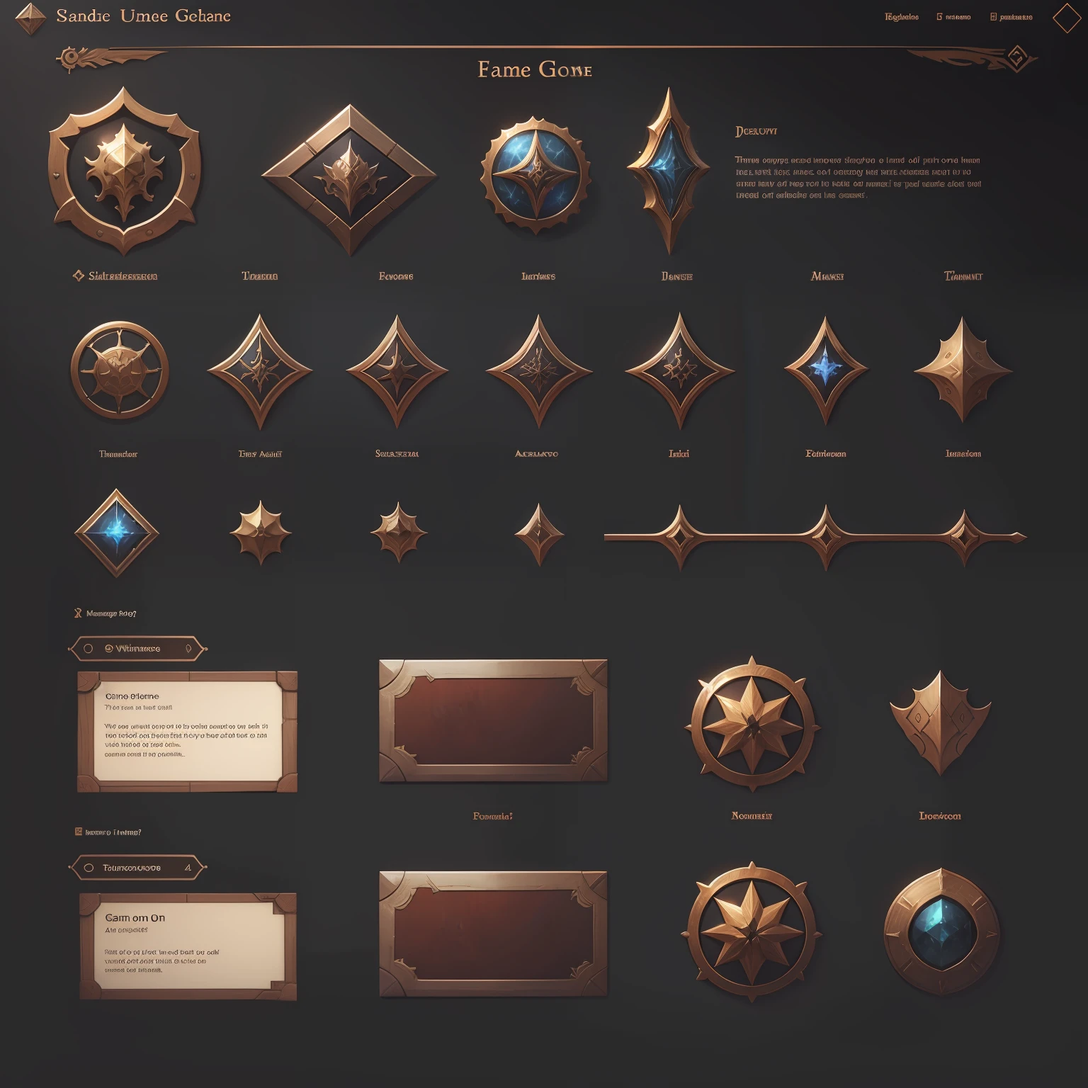 Game UI. Front view. Front view of a set of elements of the game interface of a fantasy game on a white background. Clear lines, There is no blur. Simple interface, buttons, wiindow, slider, checkbox