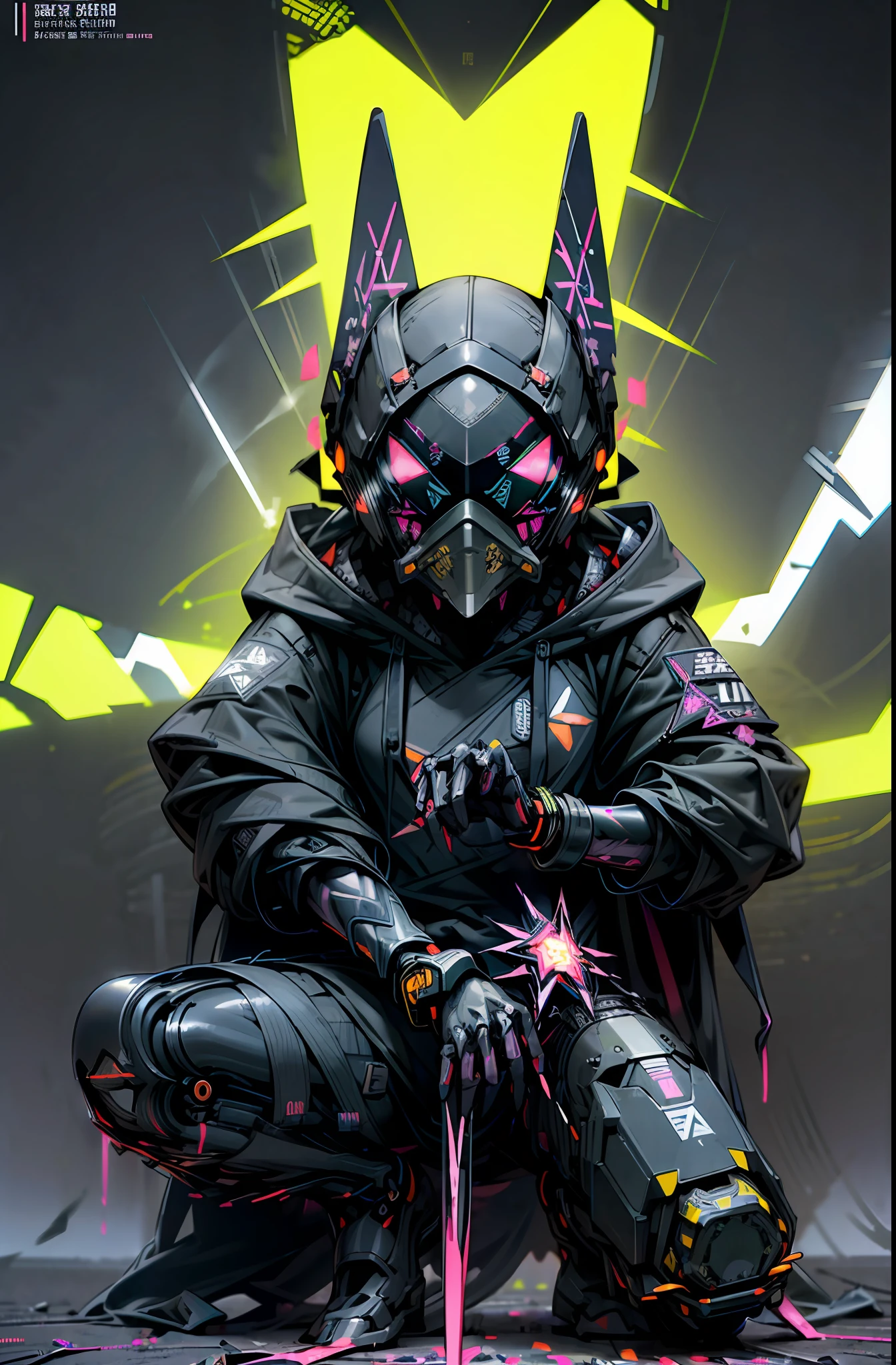 full Helmet、(gas masks:1.3)、(Explosive effect:1.5)、(Neon Paint:1.5)、(Shuriken retention:1.4)、(crouching down:1.2)、(Wearing a hood:1.2)、colourfull、cyberpunked、(独奏)、droid、cyborgs、(Digital Noise:1.7)