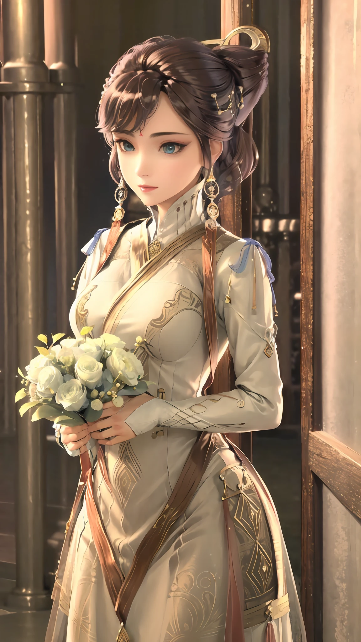 tmasterpiece,Best picture quality,HD 8K wallpaper,Beautiful picture,Elegant single woman,Round dress,Shiny eyes,Detail at its best,An exquisite masterpiece,Pure beauty and lightness,Moderately aesthetic,Gentle and elegant,Attention to detail,Brown white lace round dress