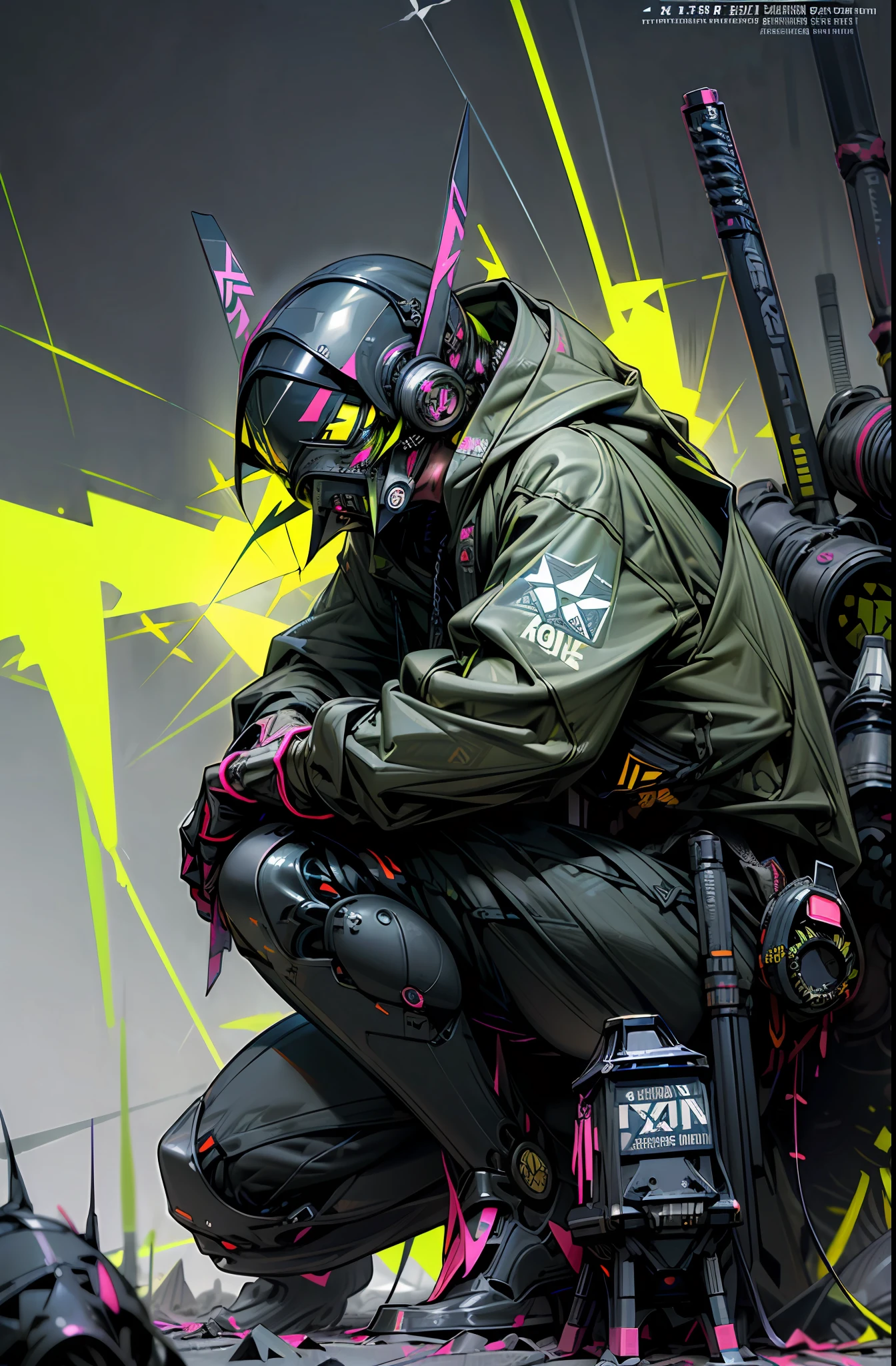 full Helmet、(gas masks:1.3)、(Explosive effect:1.5)、(Neon Paint:1.5)、(Shuriken retention:1.4)、(crouching down:1.2)、(Wearing a hood:1.2)、colourfull、cyberpunked、(独奏)、droid、cyborgs、(Digital Noise:1.7)