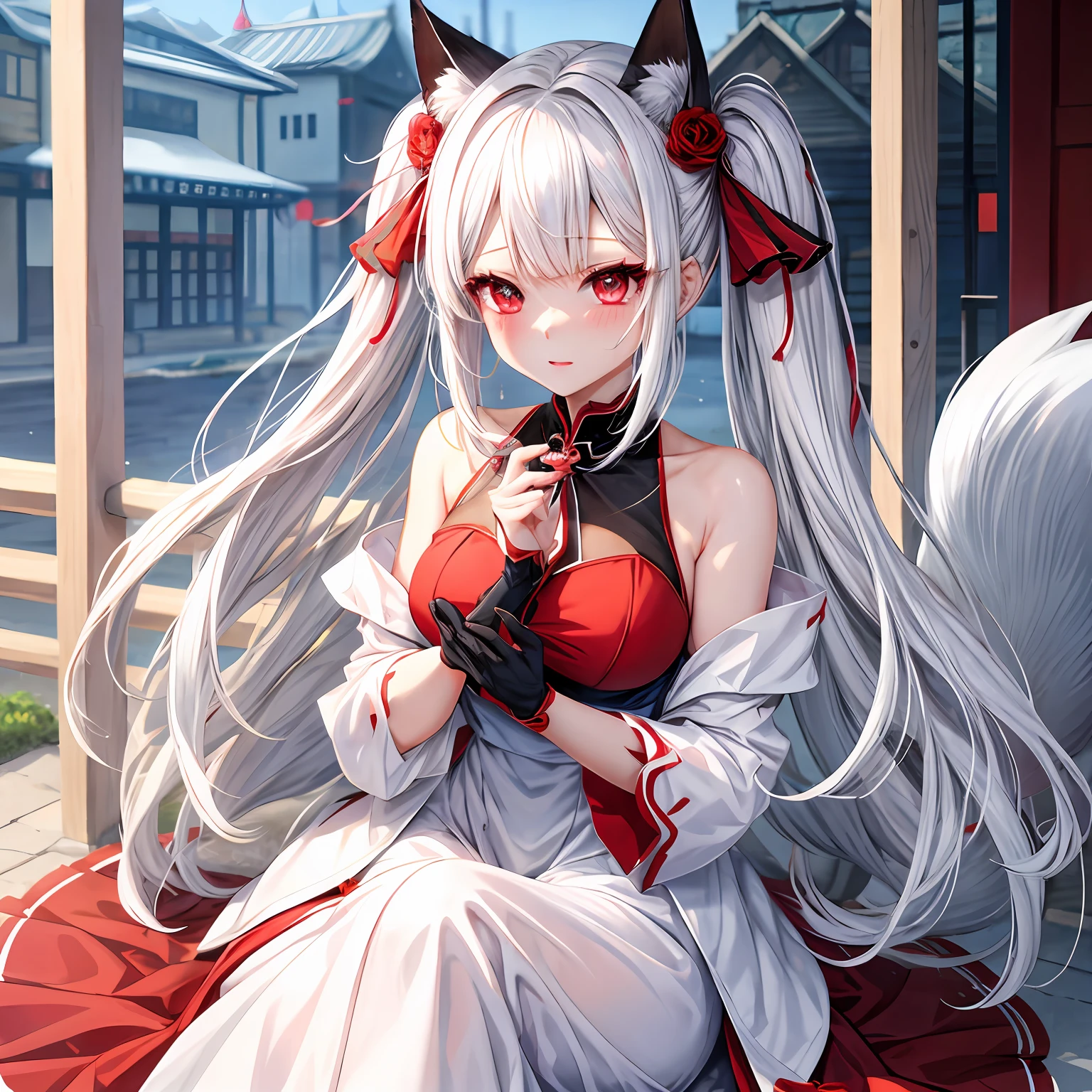 white hair、red eyes、One pretty girl、独奏、animesque、Blue dress、red blush、Fox