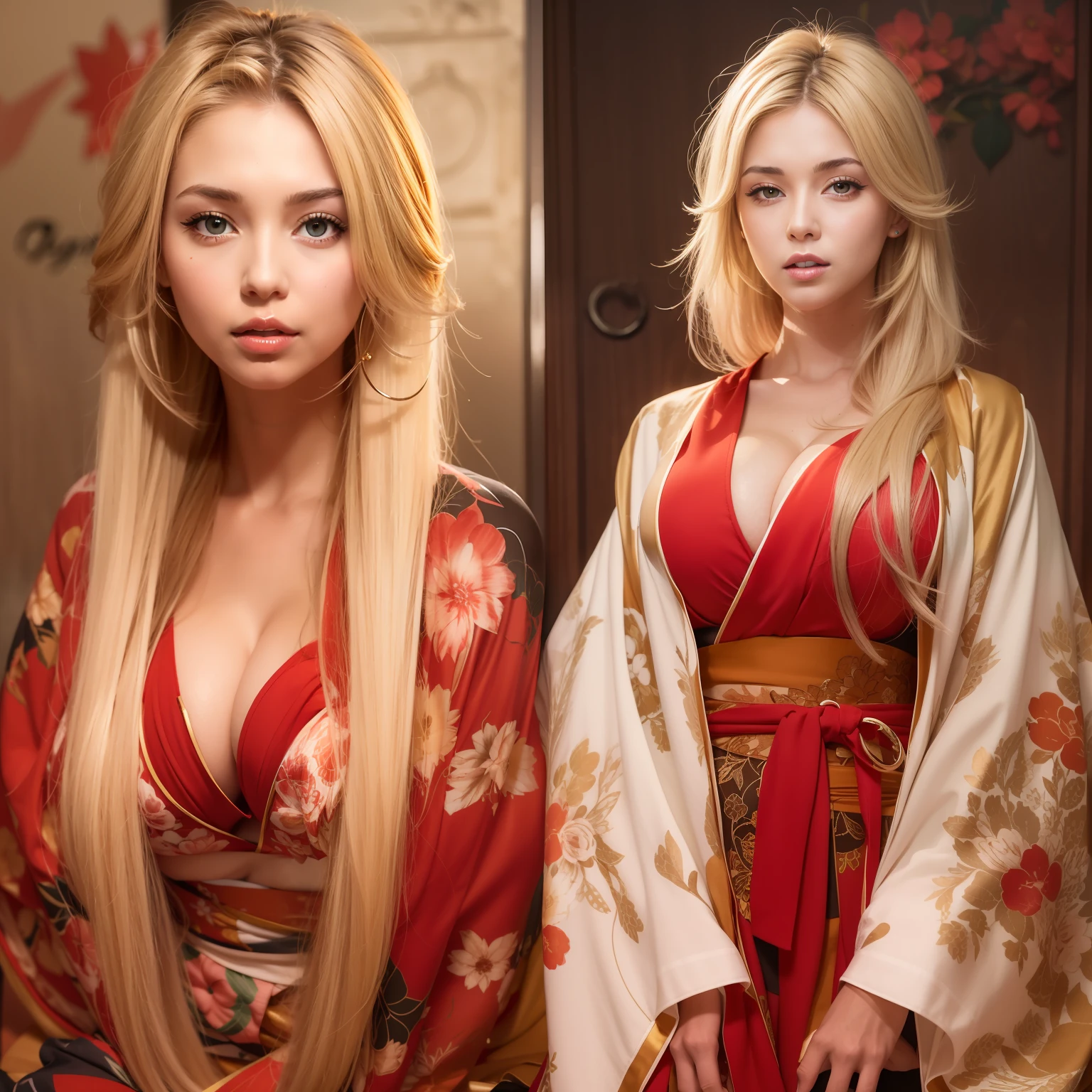 1 female，in her 20s，a blond，huge tit，M-shaped legs，Red kimono，Bloody，perfect-composition，face perfect，perfect bodies，the golden ratio，