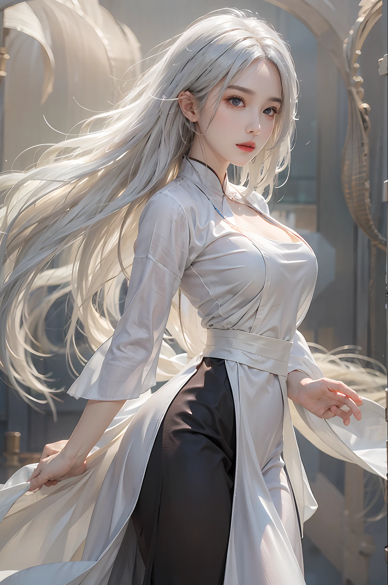 photorealistic, high resolution, 1 women, solo, hips up, look at viewer, (detailed face), white hair, long hair, medium breasts, aodai