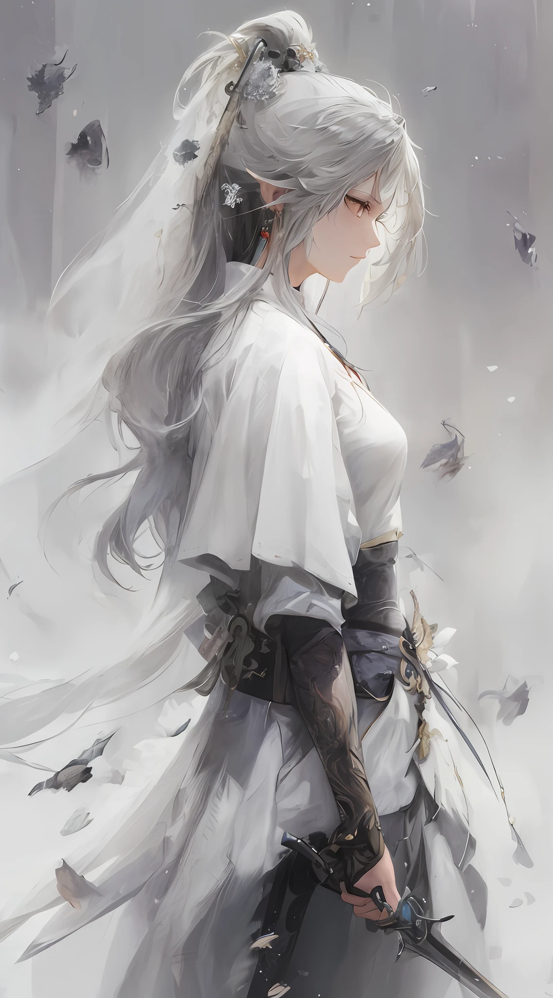 Close-up of a woman in a white dress holding a sword,a character portrait by Yang J,The popularity of CGsociety,Fantasyart,beautiful character painting,Guviz-style artwork,Guvitz,white hanfu,flowing white robe,full-body wuxia,epic exquisite character art,stunning character art,
